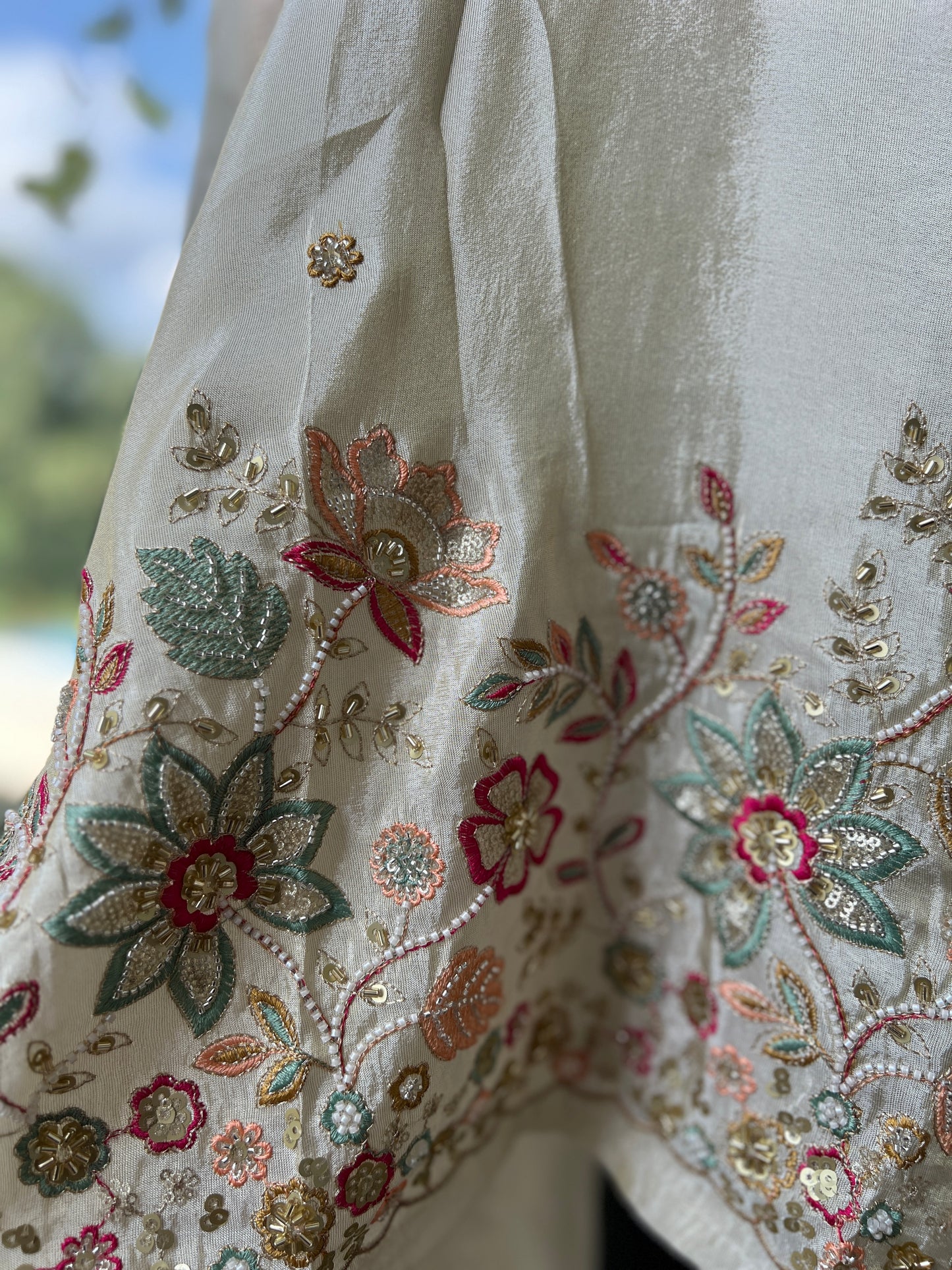 Ivory Shimmer Silk with Multi-Embroidered Elegance