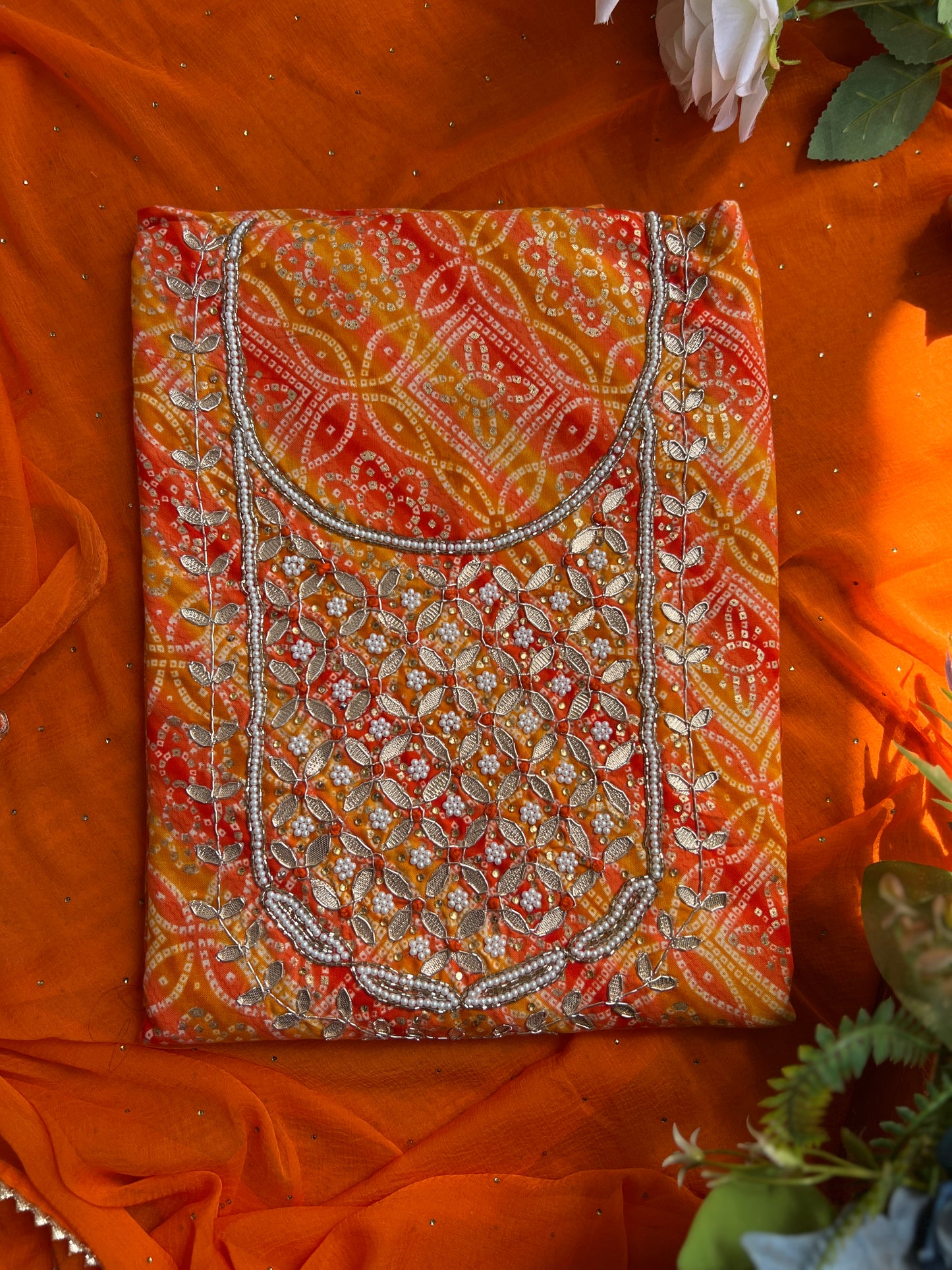 Bandhani with Hand Mirror Embroidery