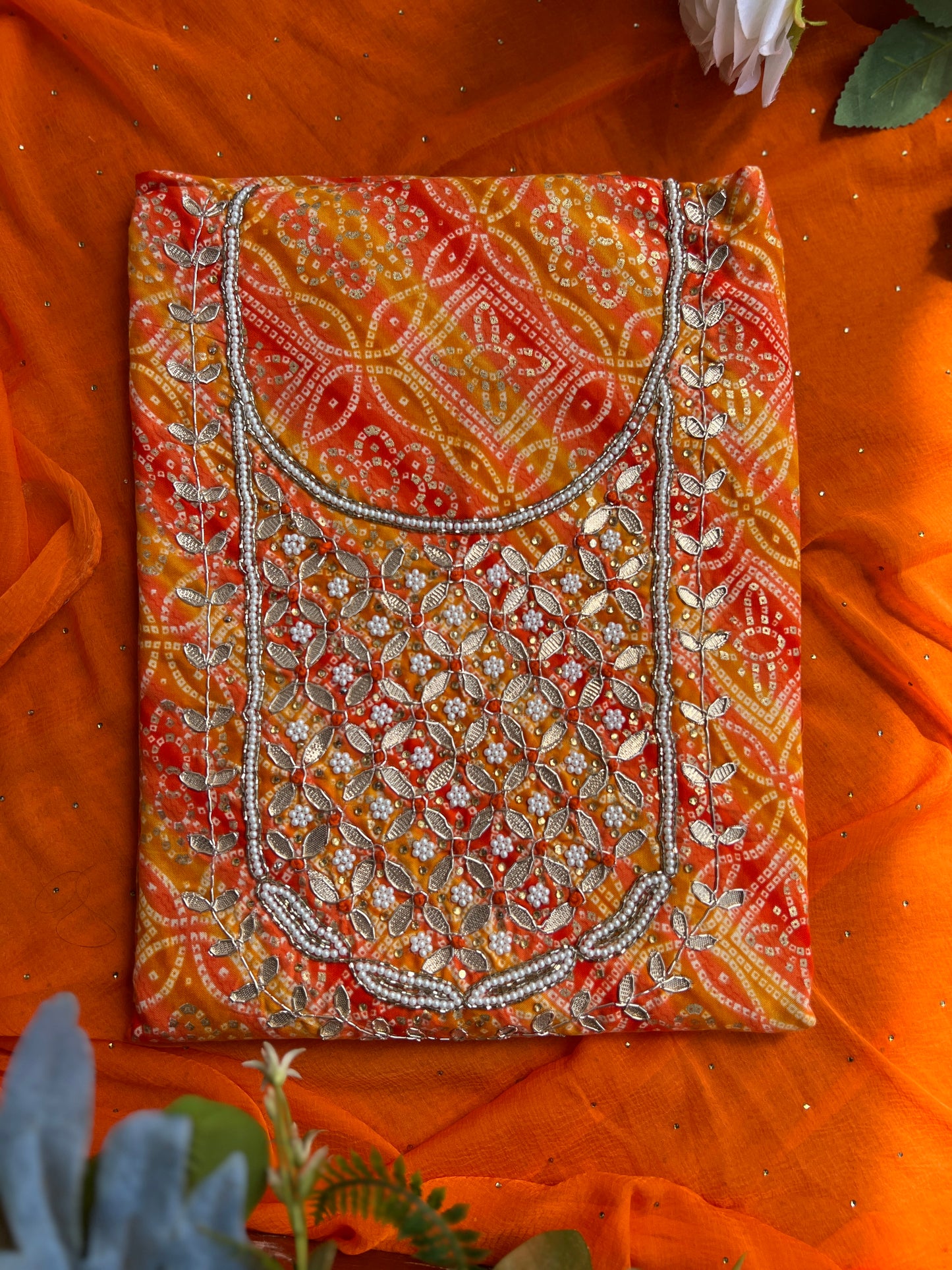 Bandhani with Hand Mirror Embroidery