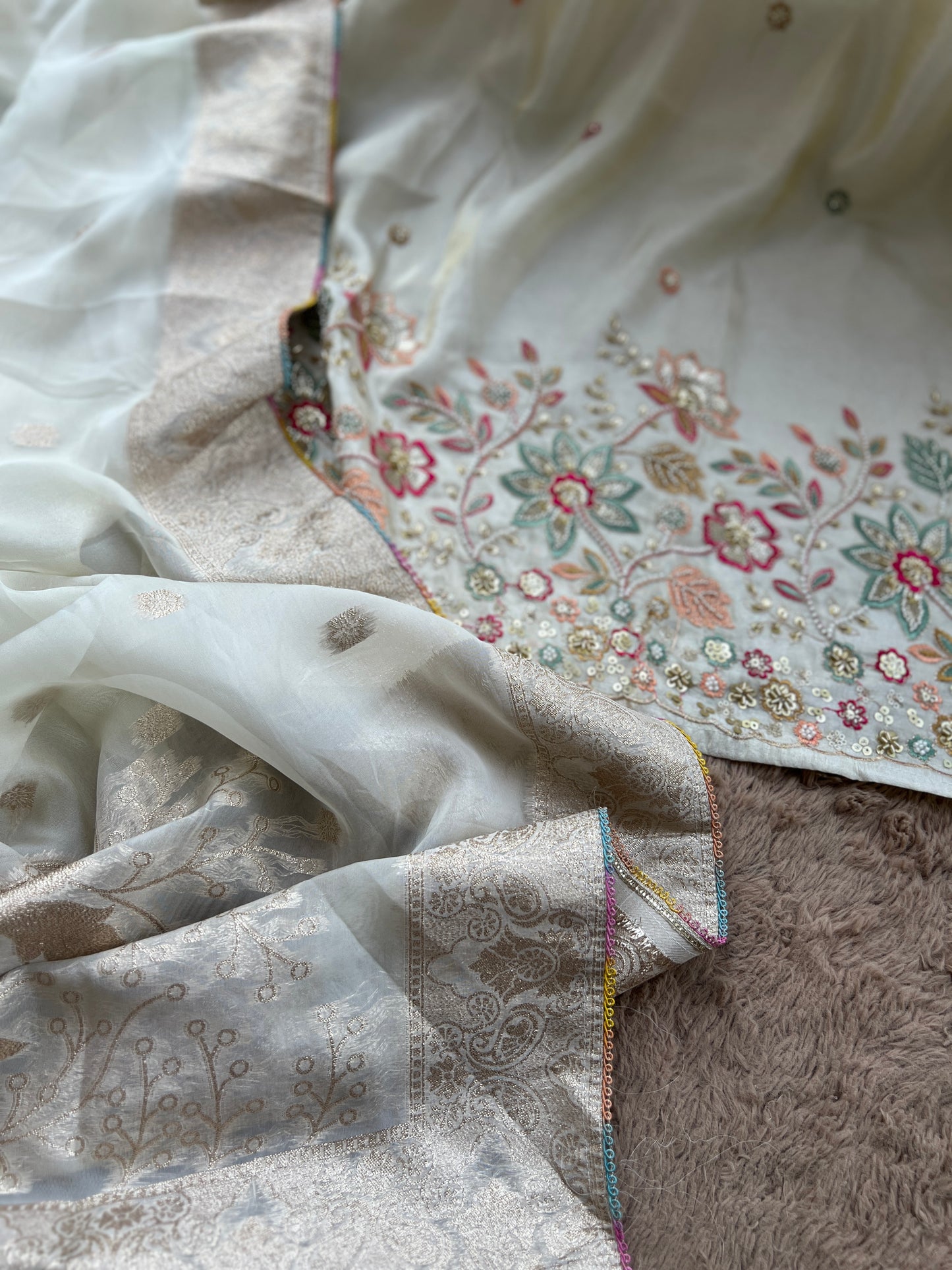 Ivory Shimmer Silk with Multi-Embroidered Elegance