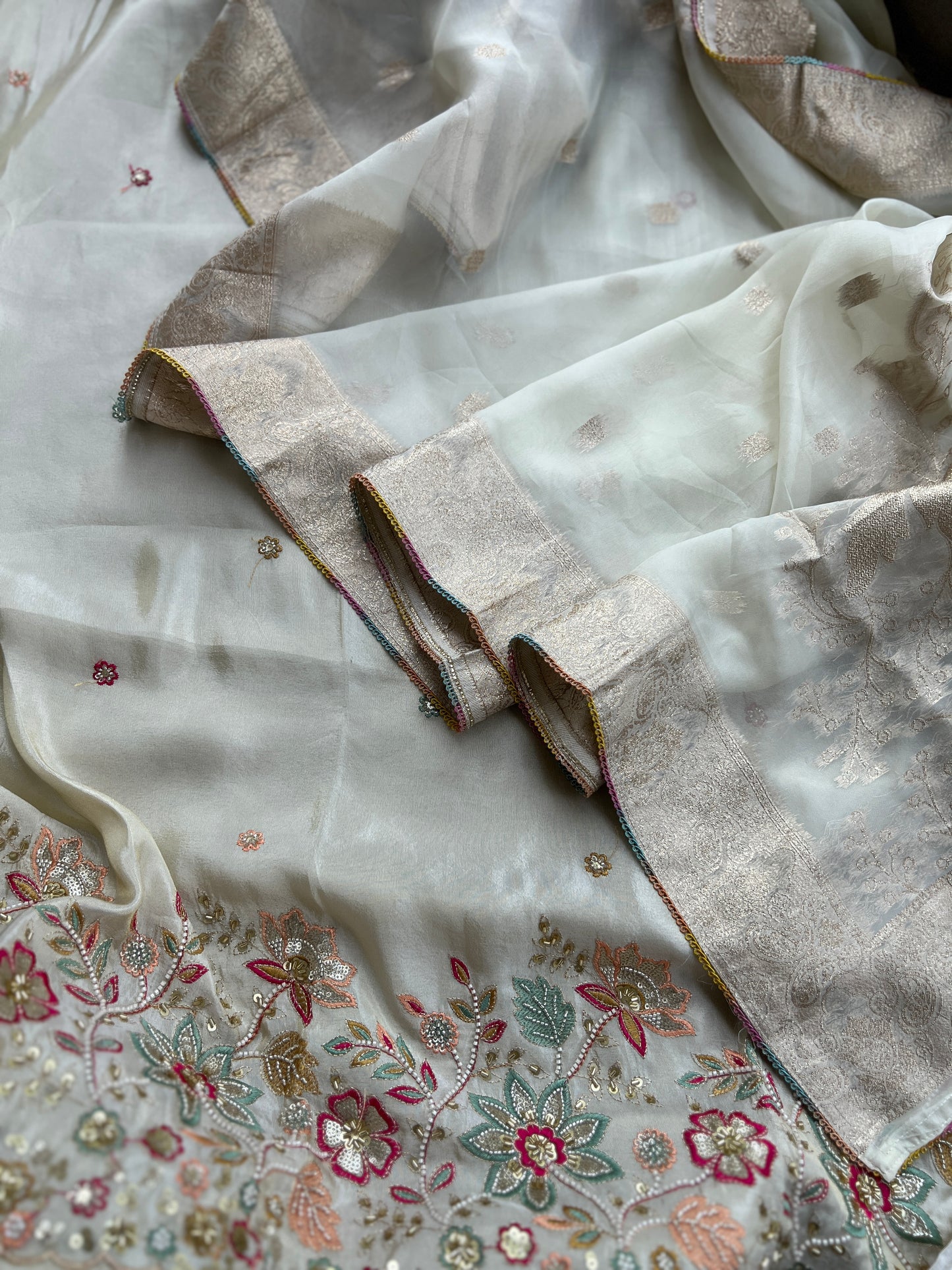 Ivory Shimmer Silk with Multi-Embroidered Elegance