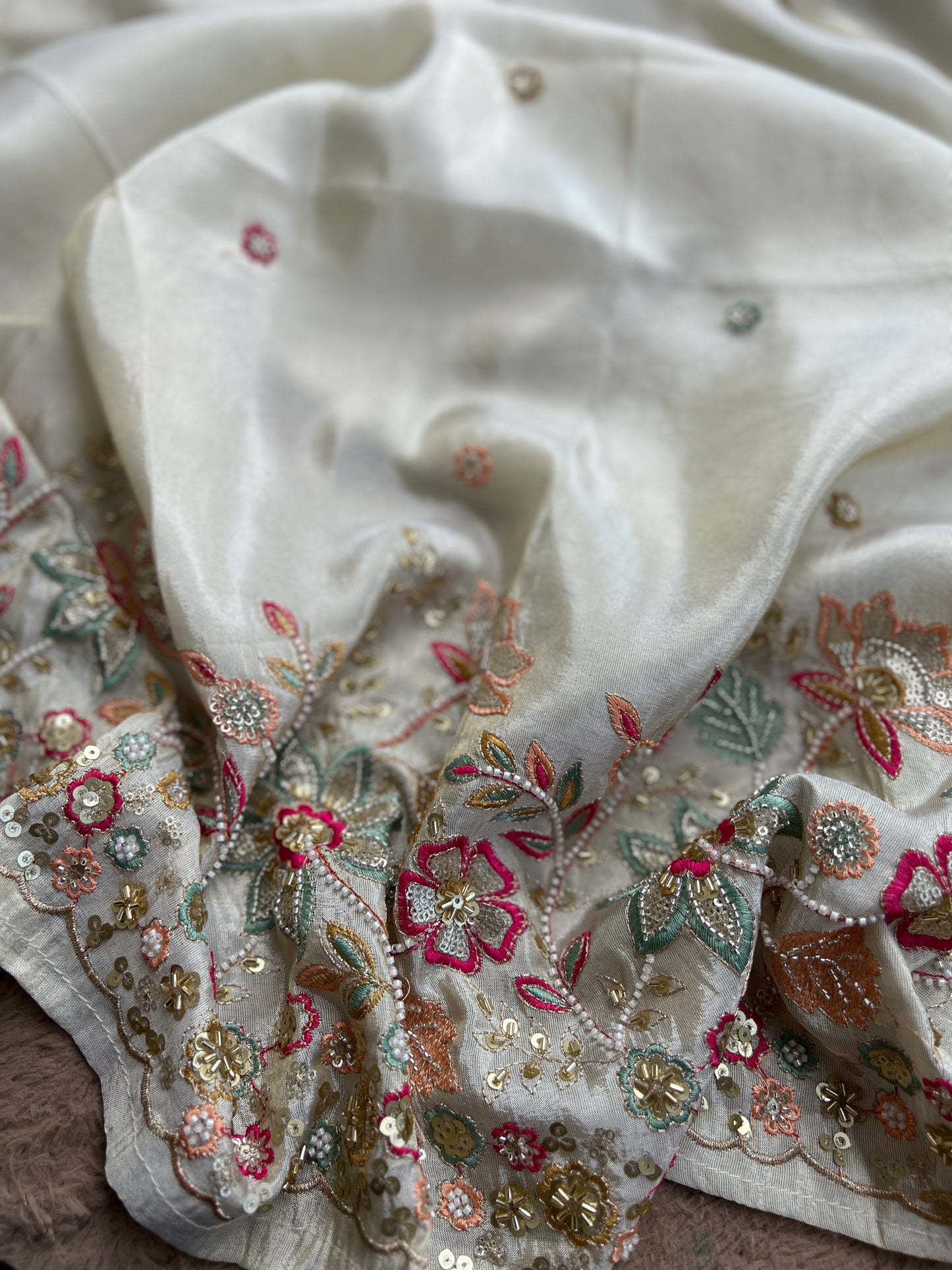 Ivory Shimmer Silk with Multi-Embroidered Elegance