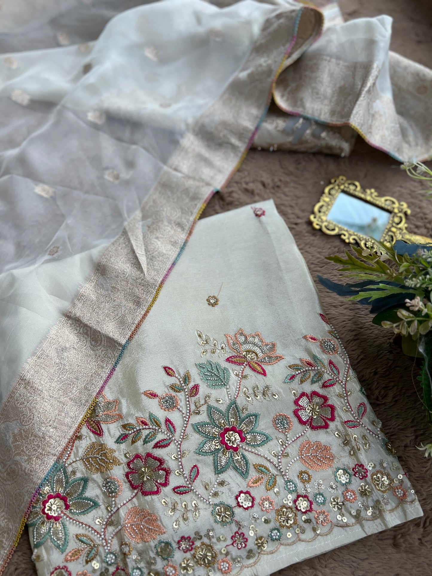 Ivory Shimmer Silk with Multi-Embroidered Elegance