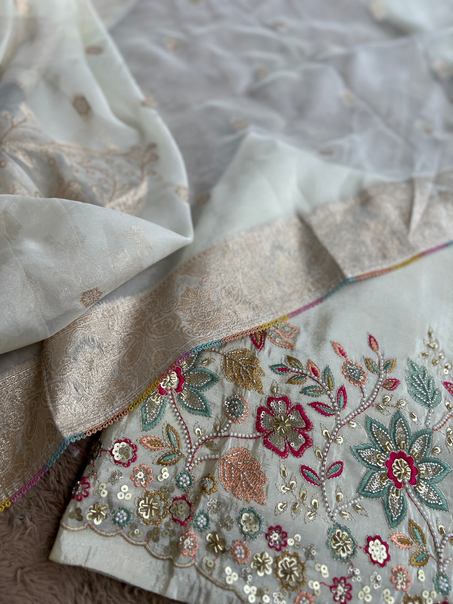 Ivory Shimmer Silk with Multi-Embroidered Elegance