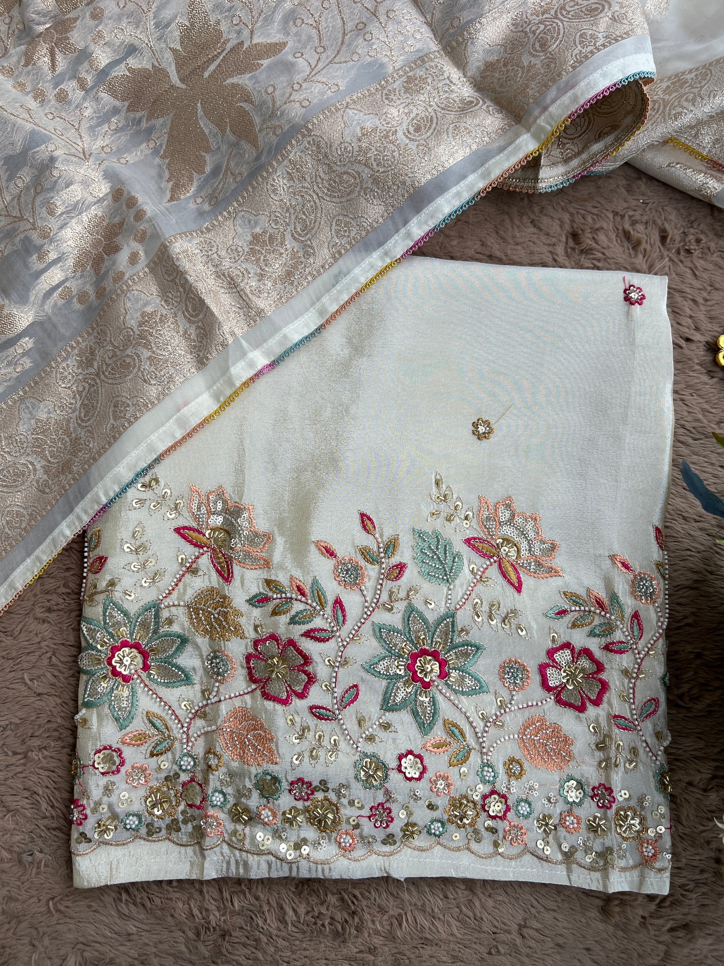 Ivory Shimmer Silk with Multi-Embroidered Elegance