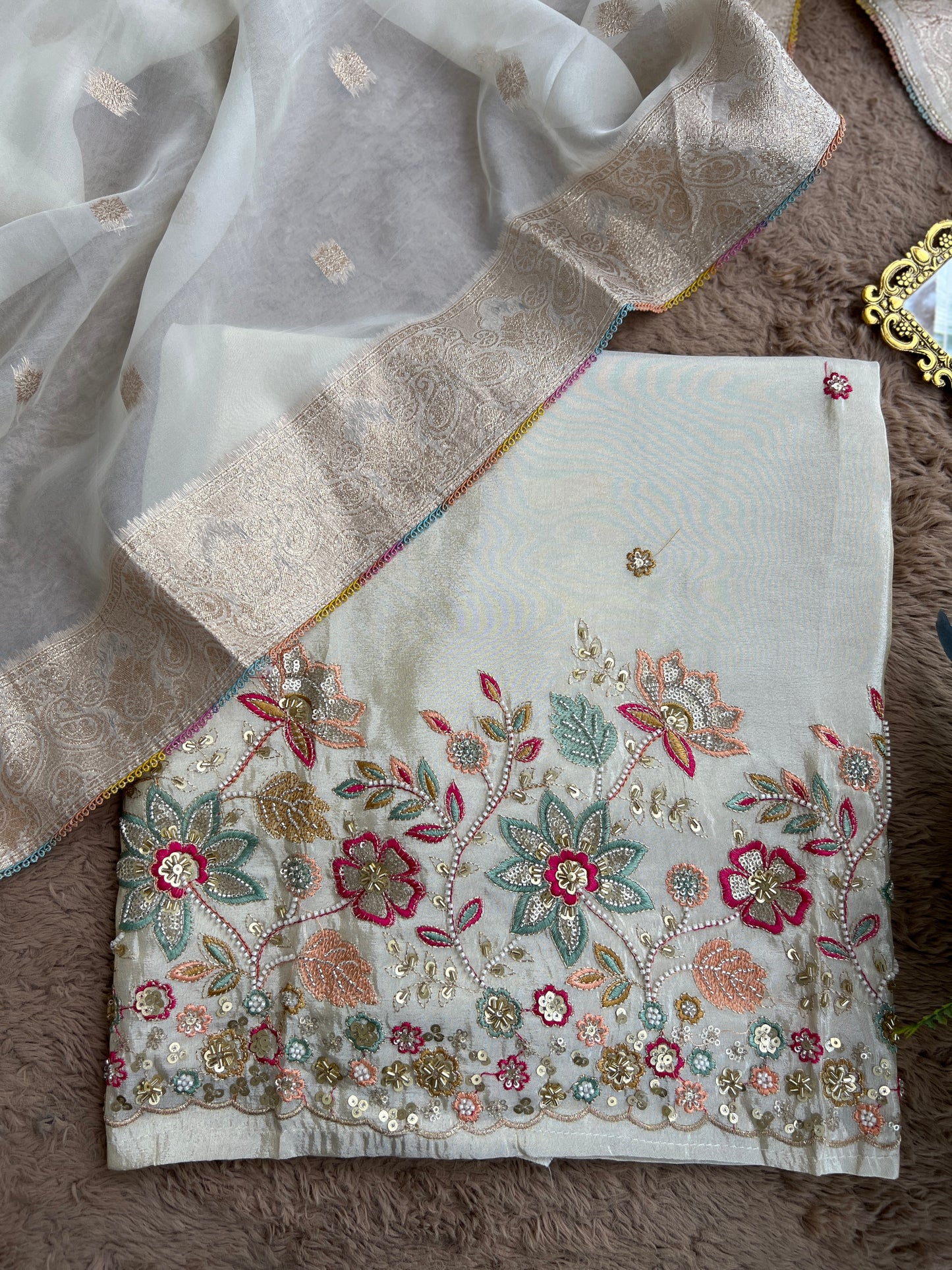Ivory Shimmer Silk with Multi-Embroidered Elegance