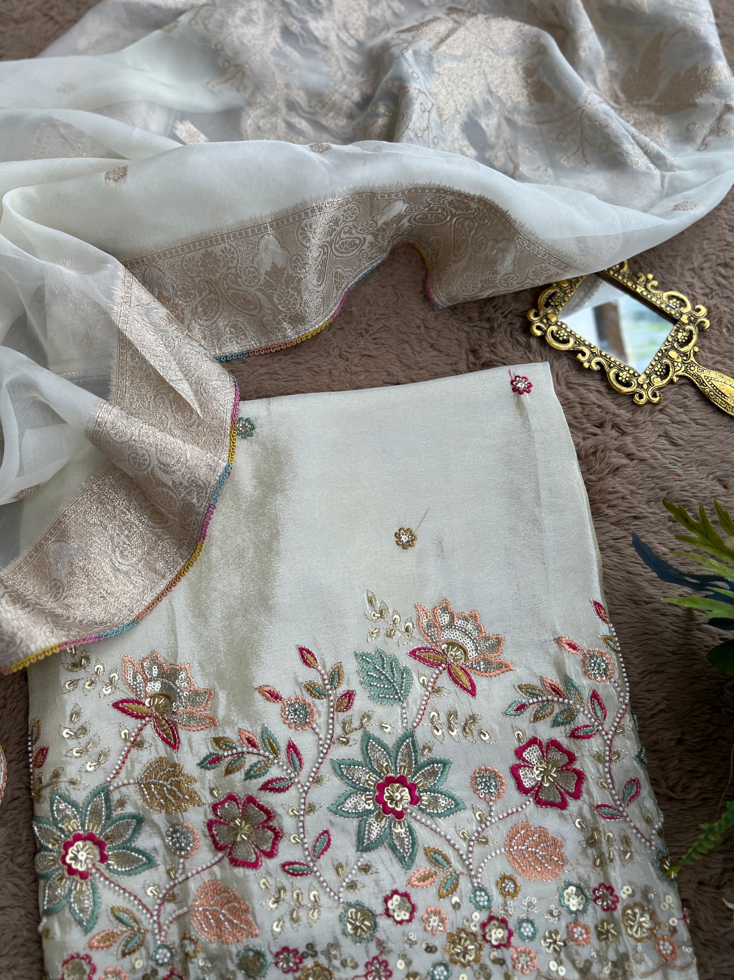 Ivory Shimmer Silk with Multi-Embroidered Elegance