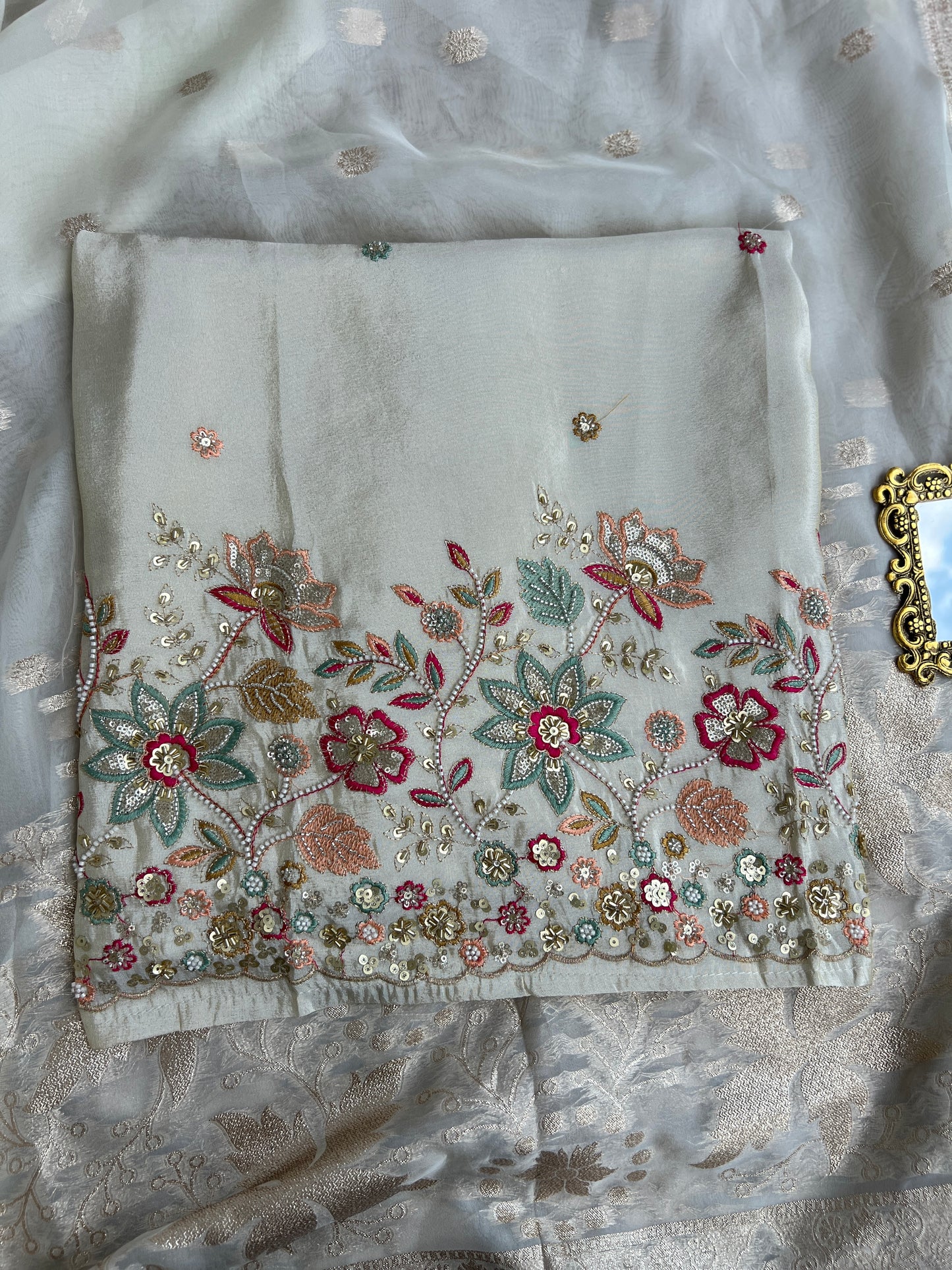 Ivory Shimmer Silk with Multi-Embroidered Elegance