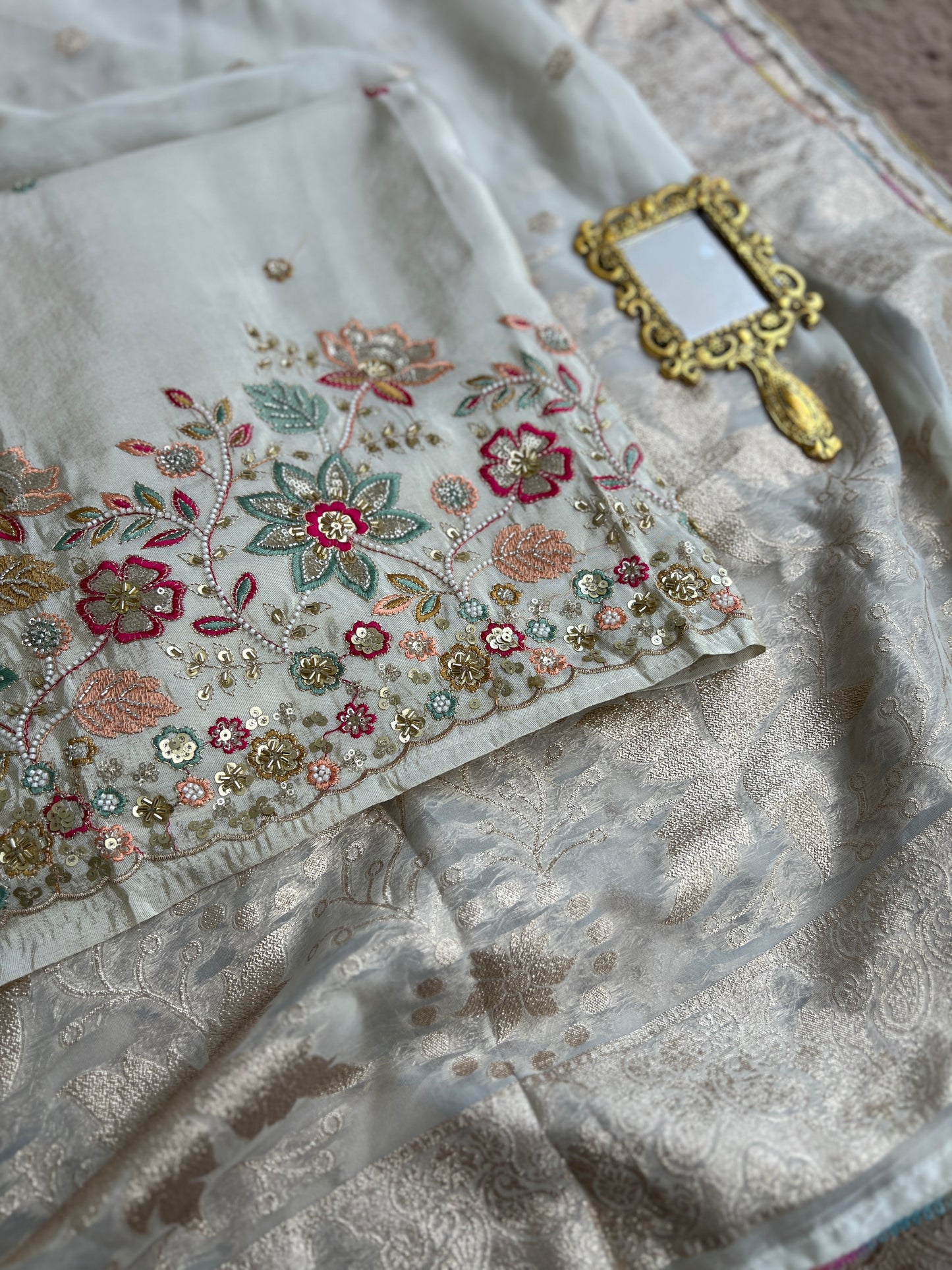 Ivory Shimmer Silk with Multi-Embroidered Elegance
