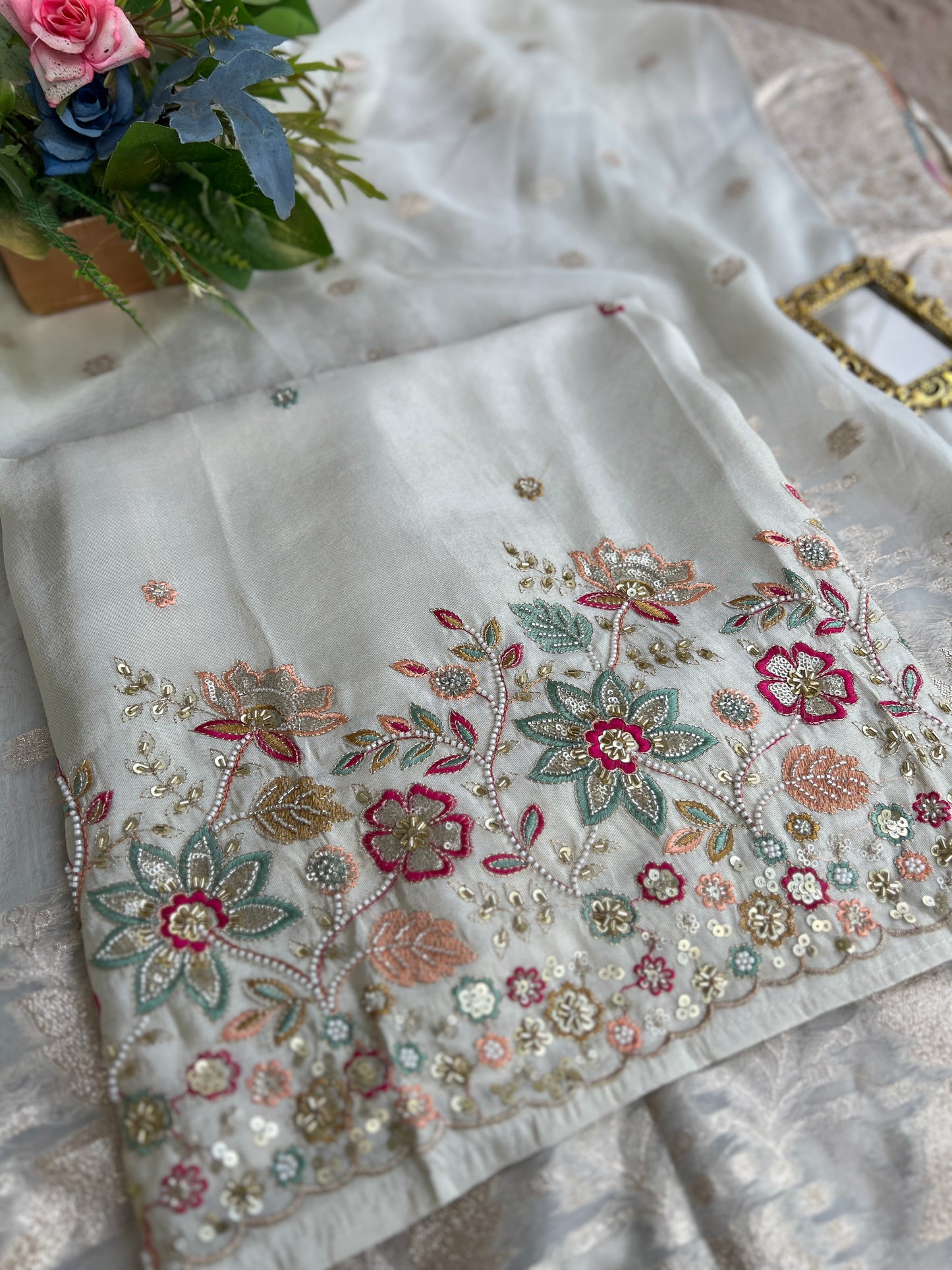 Ivory Shimmer Silk with Multi-Embroidered Elegance