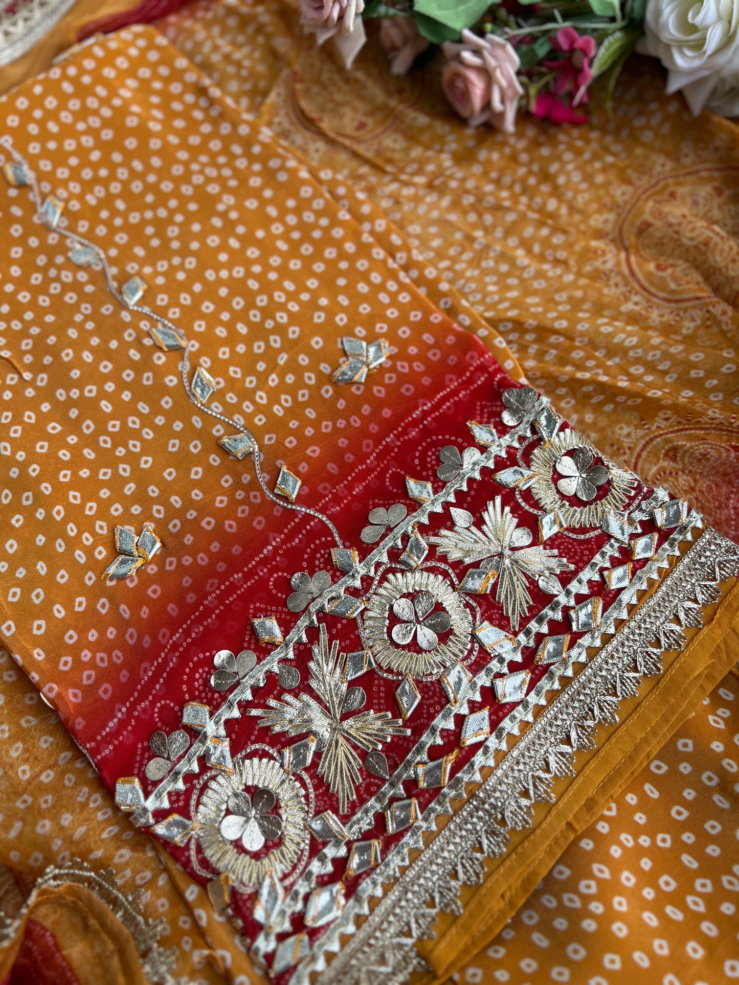 Elegant Crepe Bandhani Suit with Gotapatti Neck & Lace-Accented Chiffon Dupatta