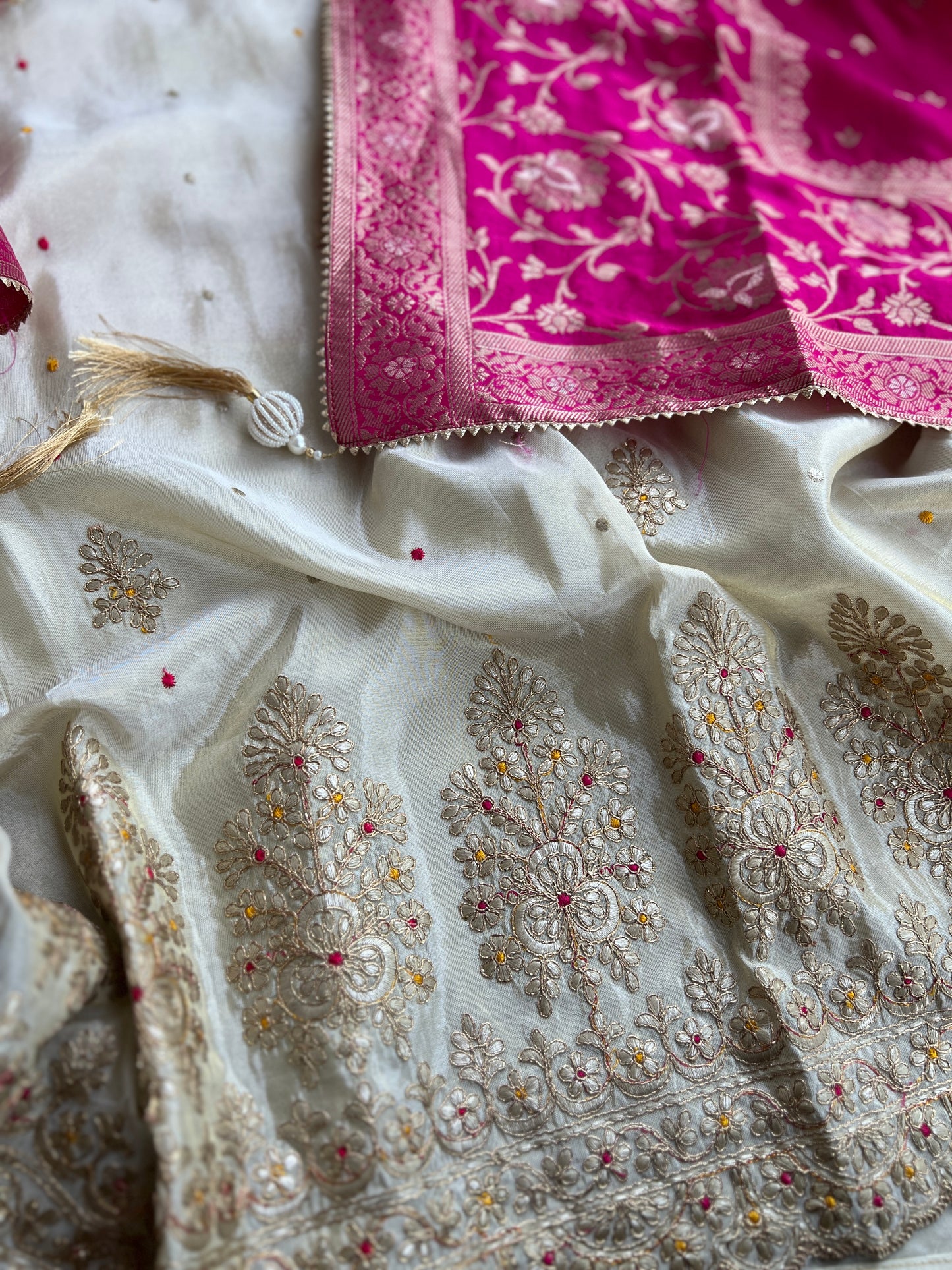 Ivory Shimmer Silk Suit with Hand Embroidery & Contrasting Dola Banarasi Dupatta