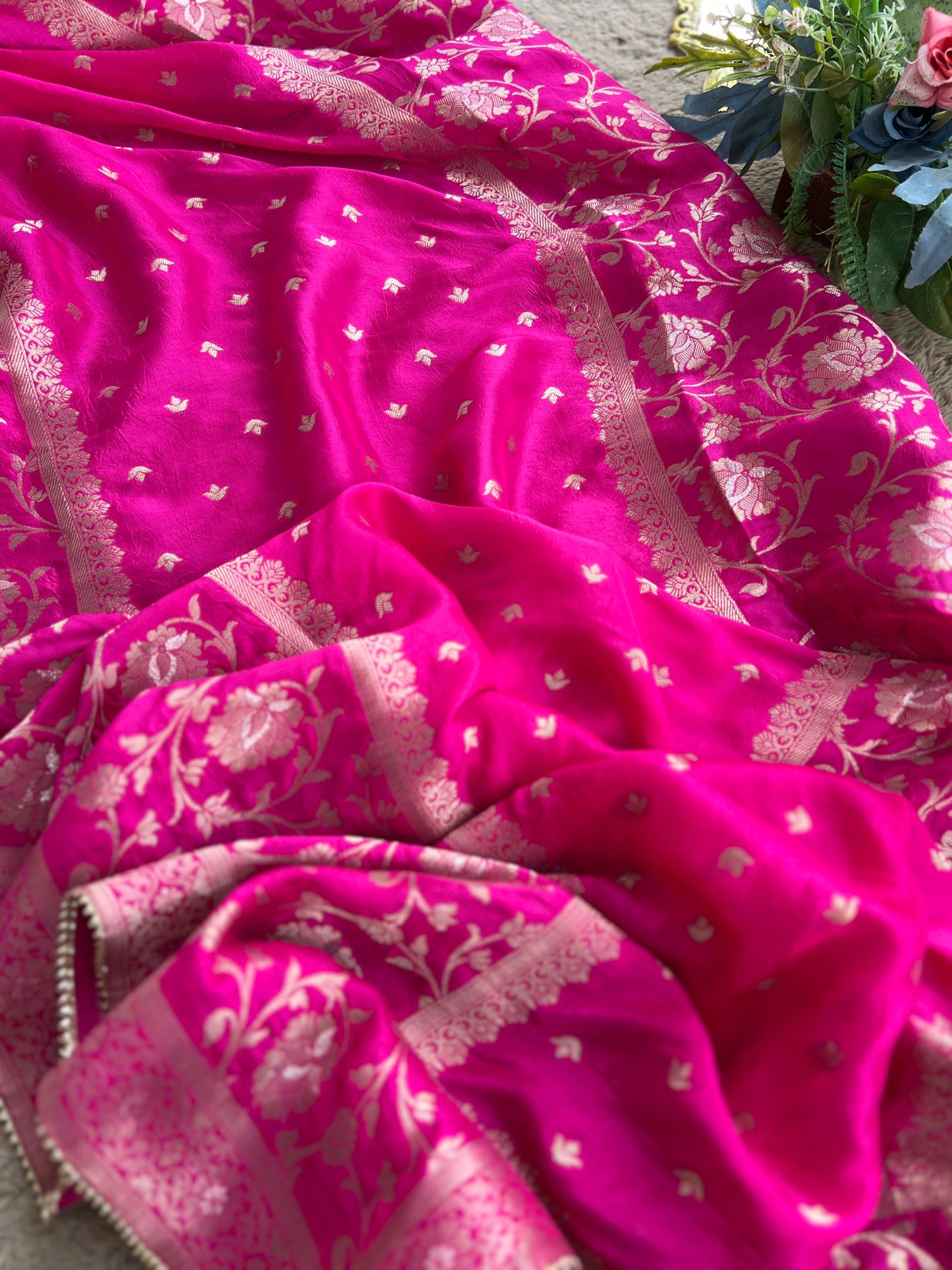 Ivory Shimmer Silk Suit with Hand Embroidery & Contrasting Dola Banarasi Dupatta