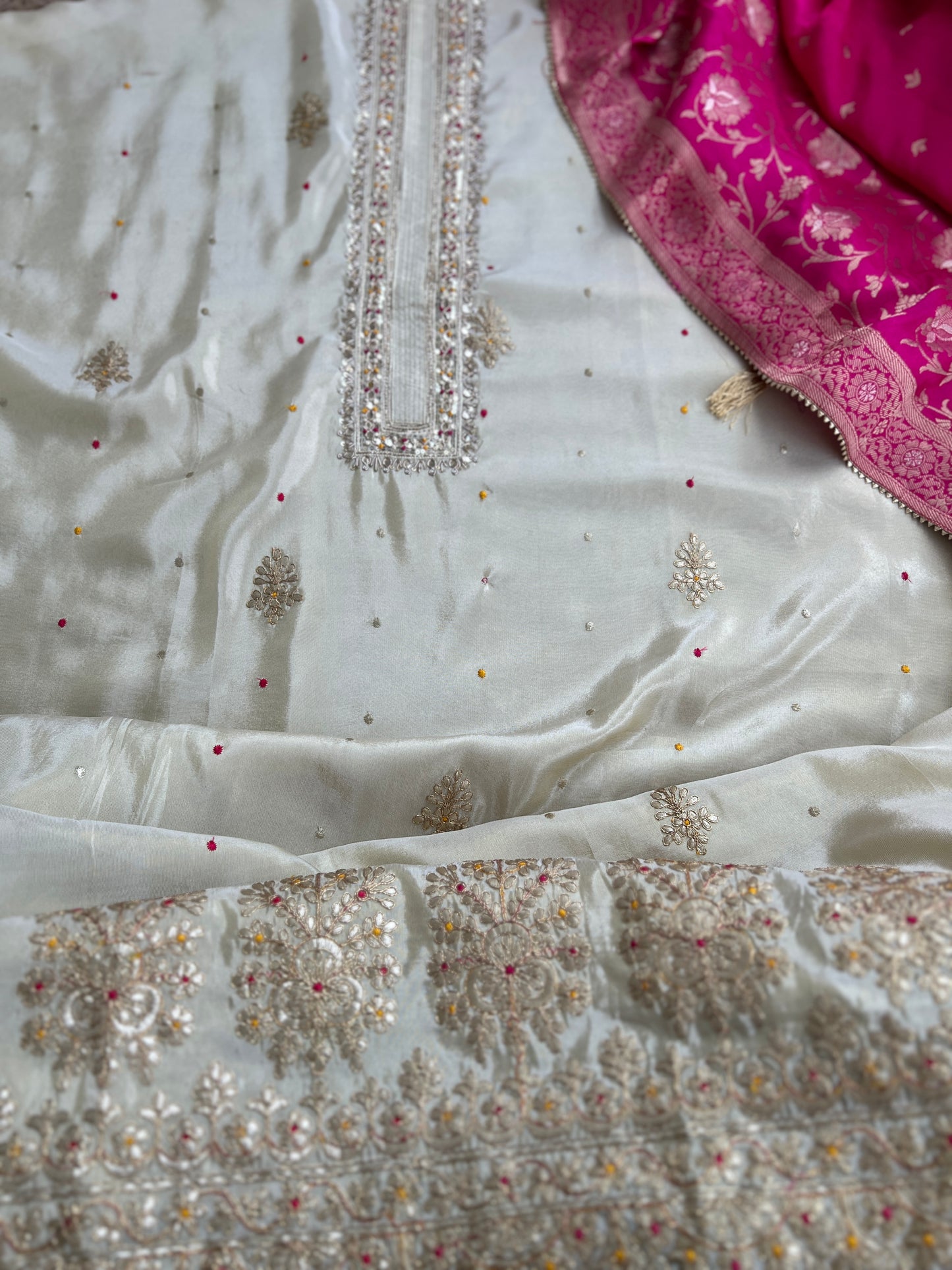 Ivory Shimmer Silk Suit with Hand Embroidery & Contrasting Dola Banarasi Dupatta
