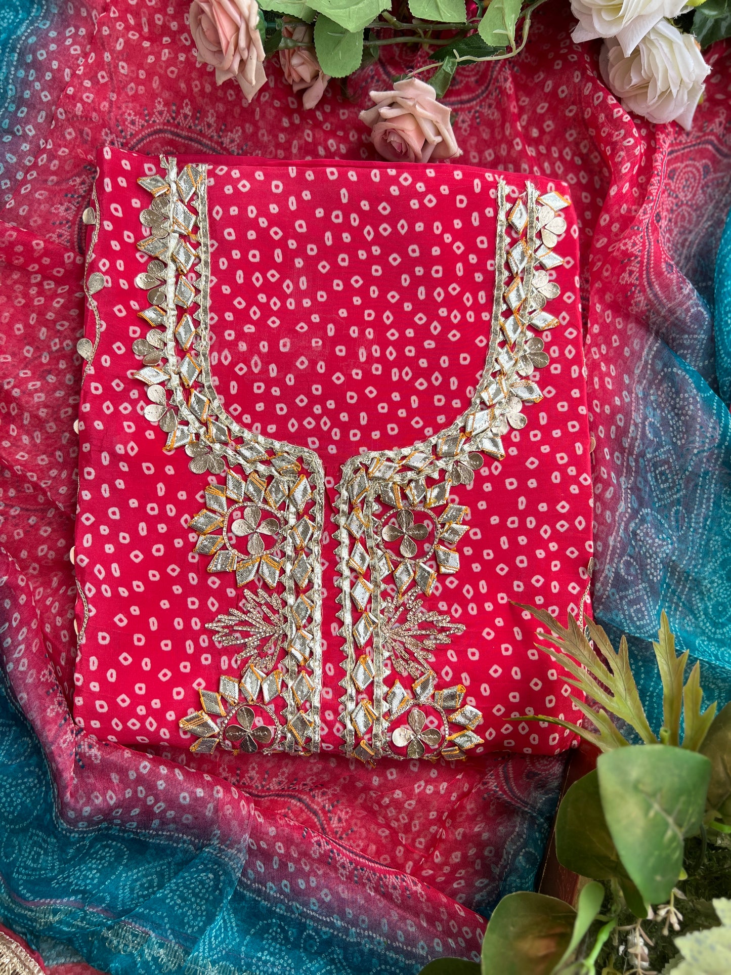 Elegant Crepe Bandhani Suit with Gotapatti Neck & Lace-Accented Chiffon Dupatta