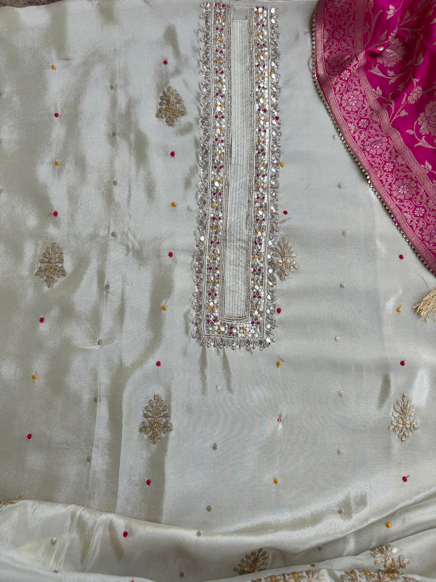 Ivory Shimmer Silk Suit with Hand Embroidery & Contrasting Dola Banarasi Dupatta