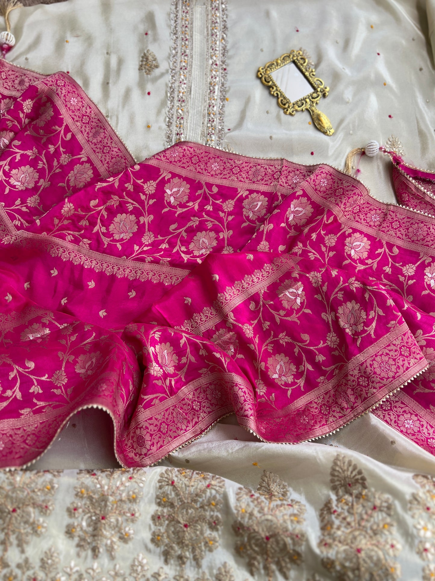 Ivory Shimmer Silk Suit with Hand Embroidery & Contrasting Dola Banarasi Dupatta