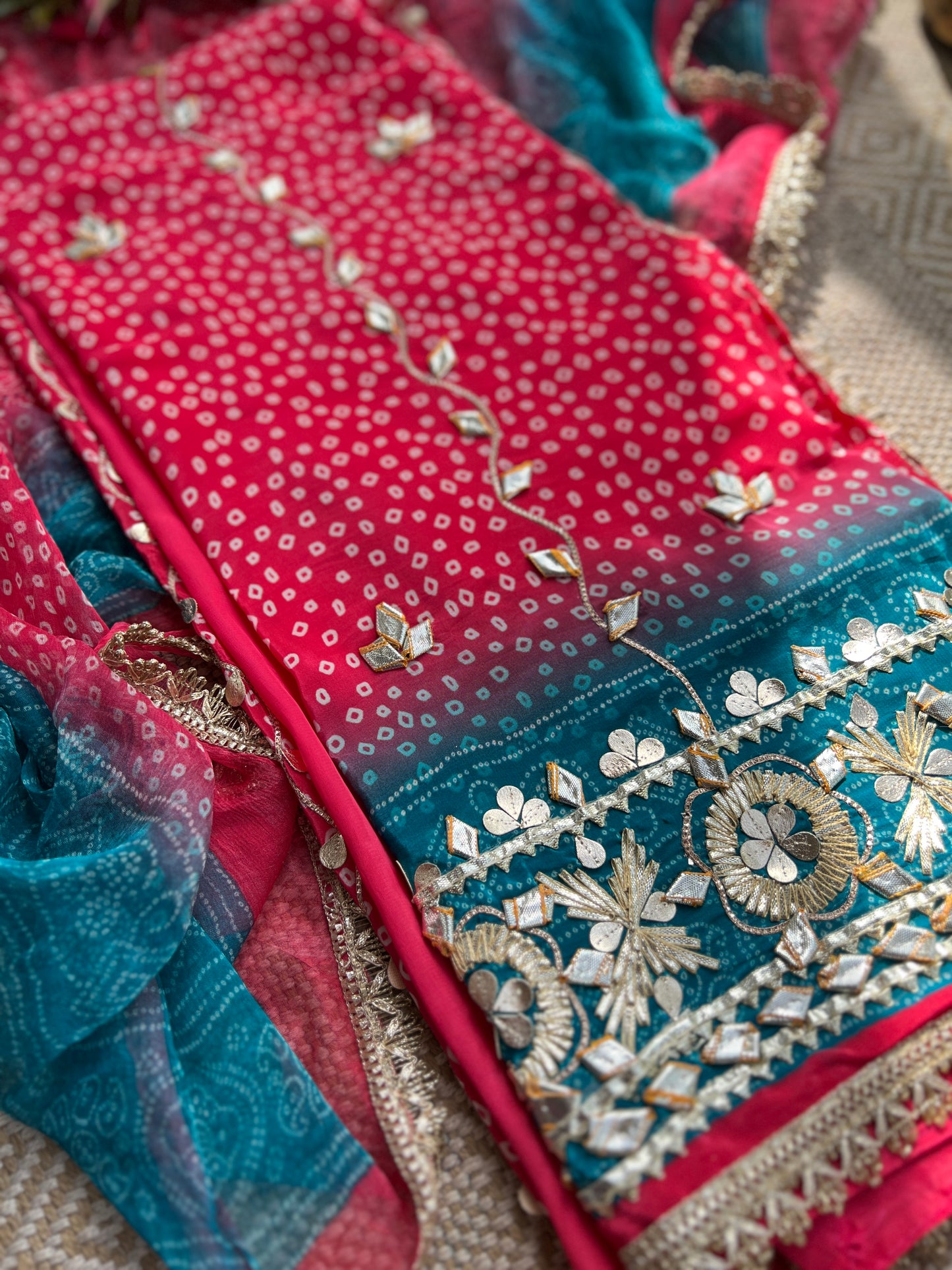 Elegant Crepe Bandhani Suit with Gotapatti Neck & Lace-Accented Chiffon Dupatta