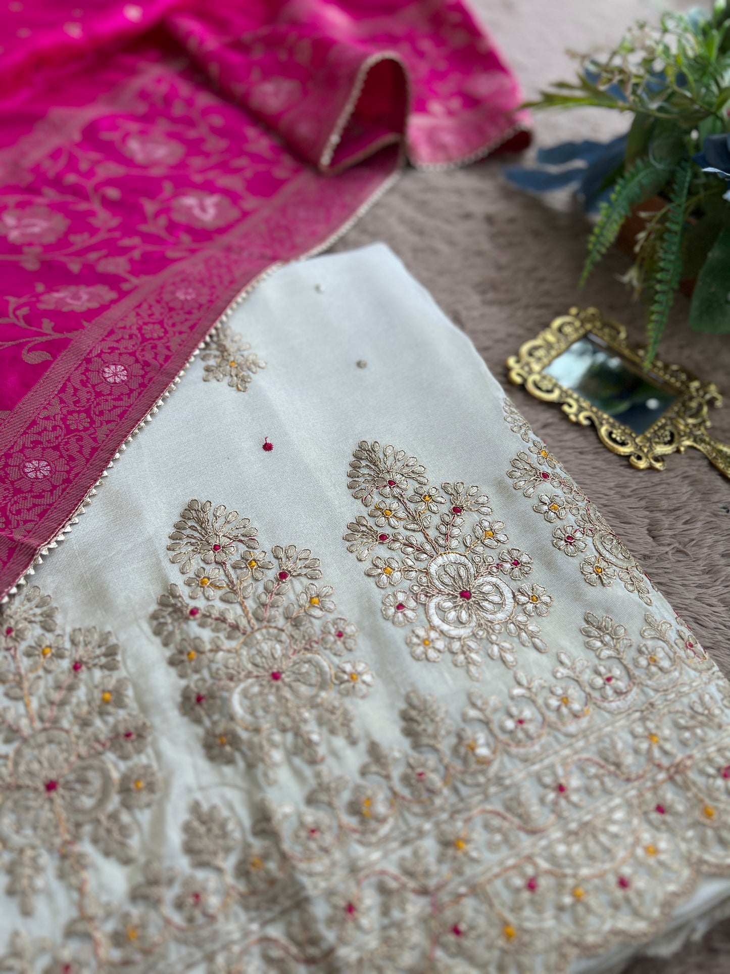 Ivory Shimmer Silk Suit with Hand Embroidery & Contrasting Dola Banarasi Dupatta