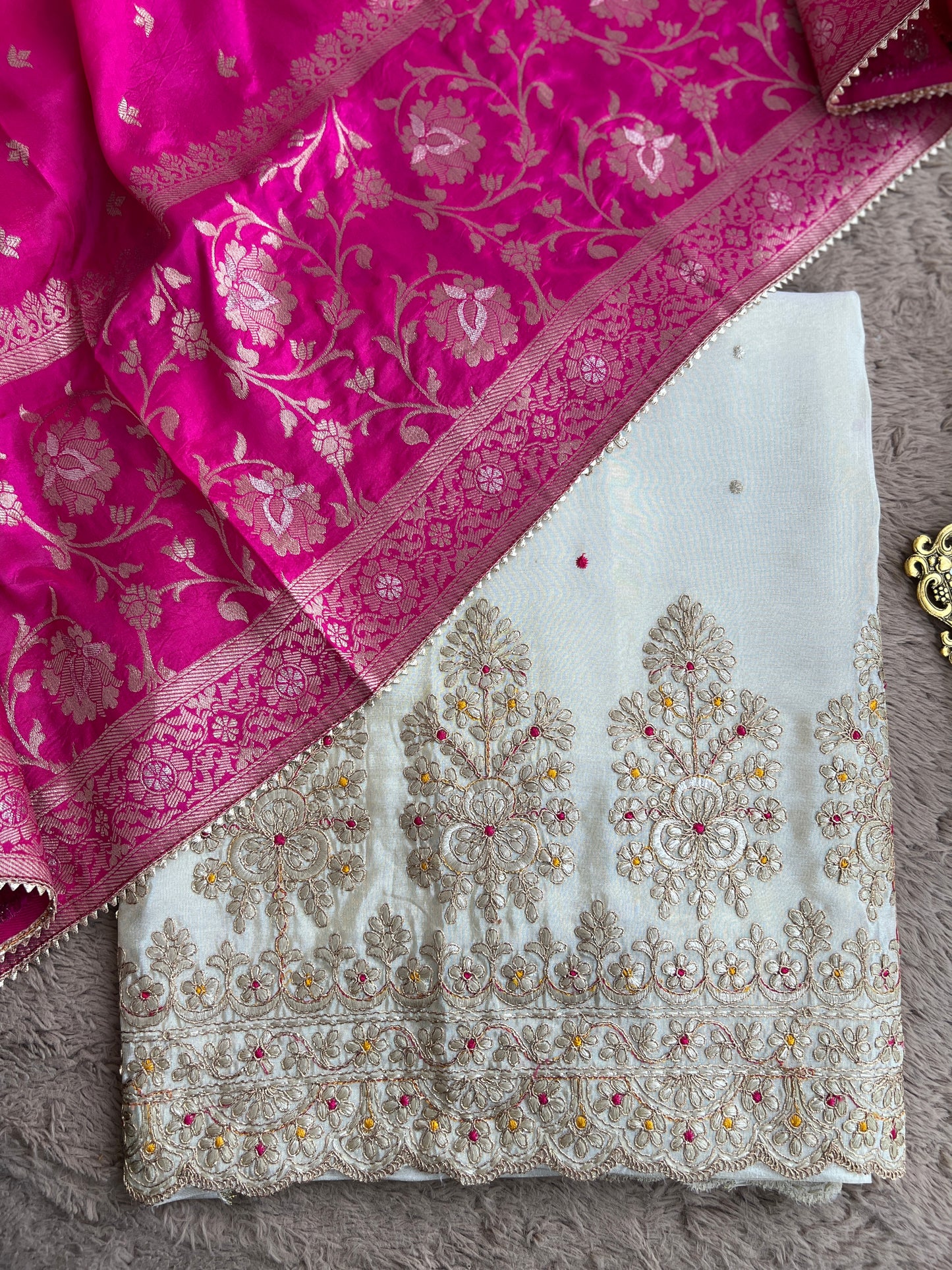 Ivory Shimmer Silk Suit with Hand Embroidery & Contrasting Dola Banarasi Dupatta