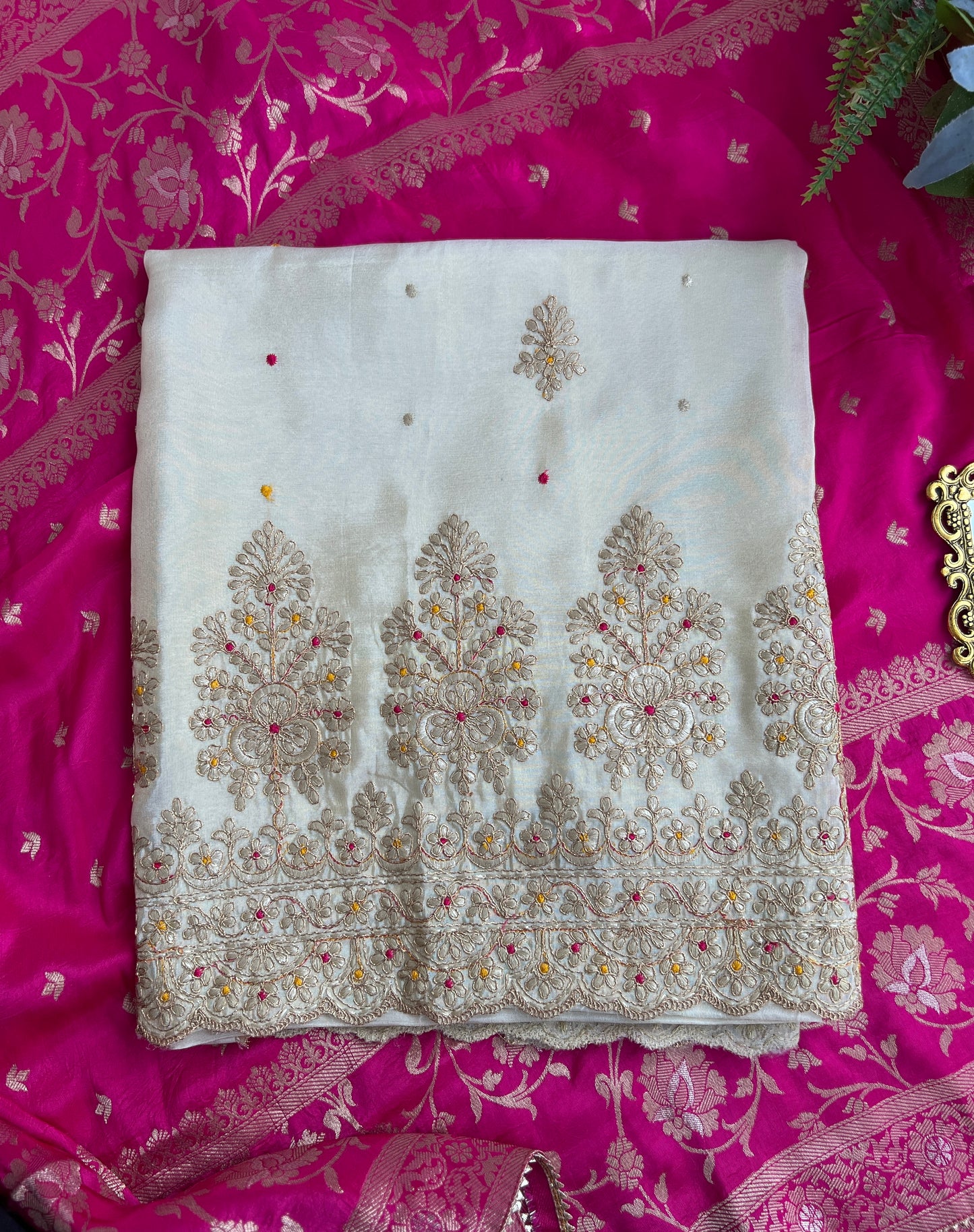 Ivory Shimmer Silk Suit with Hand Embroidery & Contrasting Dola Banarasi Dupatta
