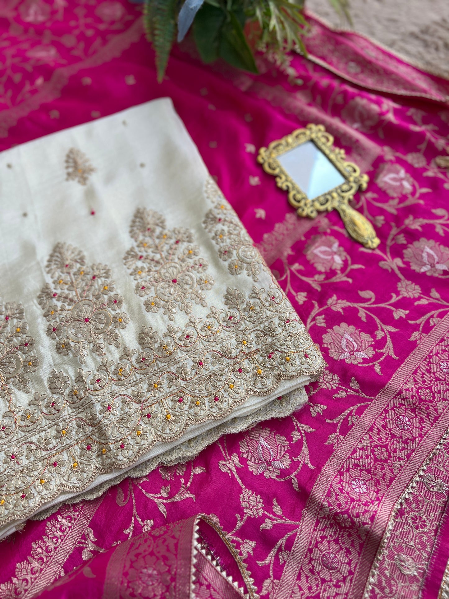 Ivory Shimmer Silk Suit with Hand Embroidery & Contrasting Dola Banarasi Dupatta