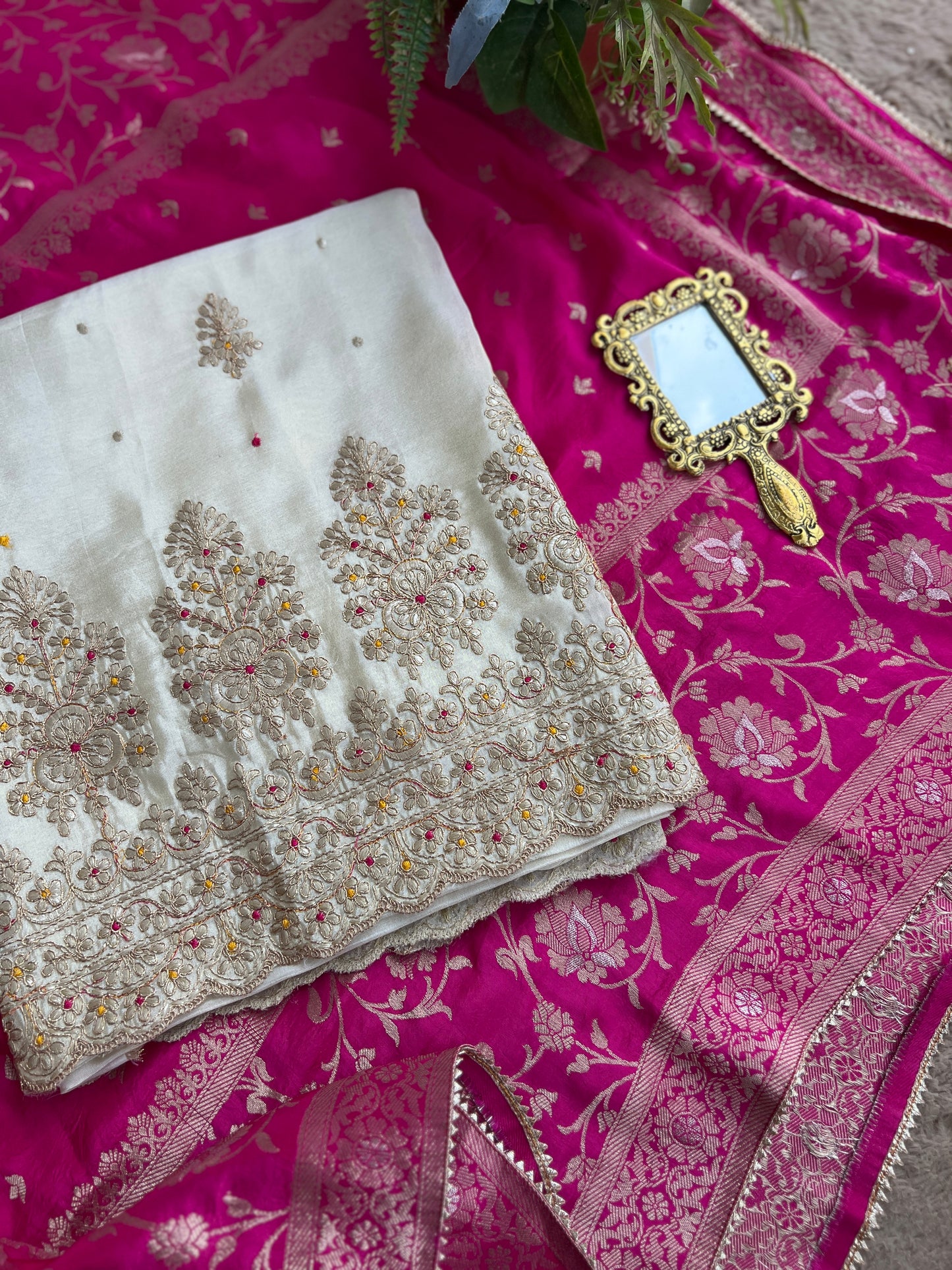 Ivory Shimmer Silk Suit with Hand Embroidery & Contrasting Dola Banarasi Dupatta