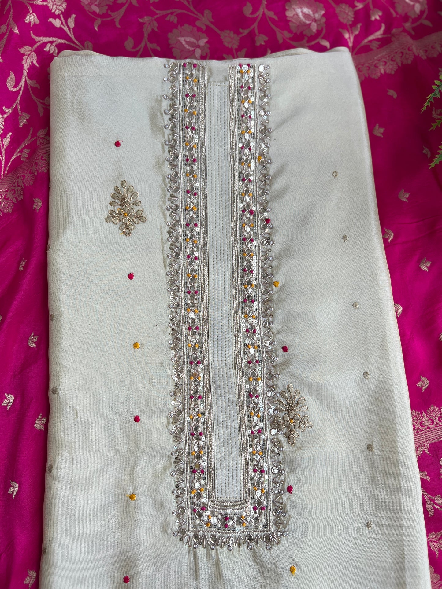 Ivory Shimmer Silk Suit with Hand Embroidery & Contrasting Dola Banarasi Dupatta