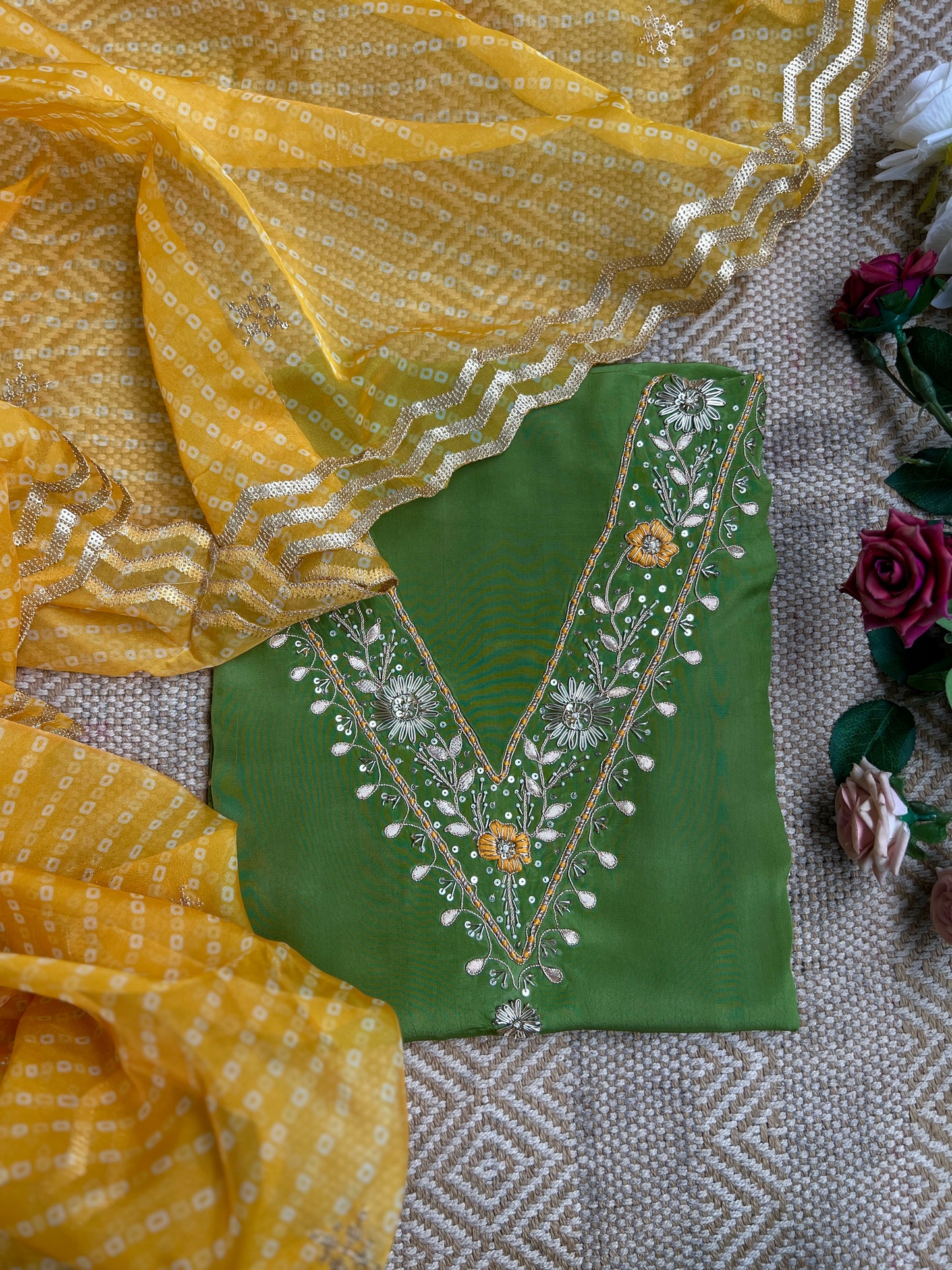 Elegant Russian Crepe V-Neck Suit with Handcrafted Elegance