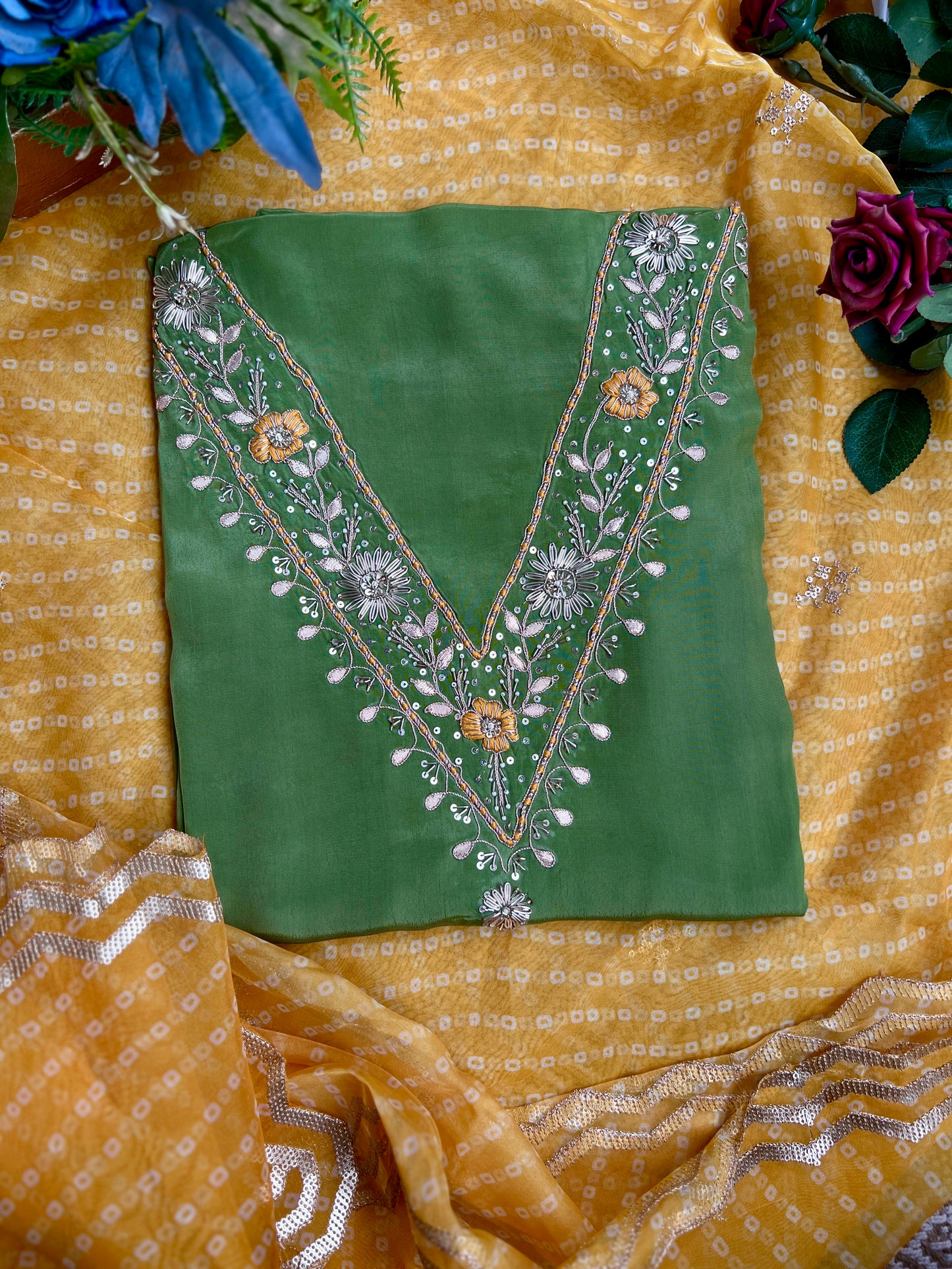 Elegant Russian Crepe V-Neck Suit with Handcrafted Elegance
