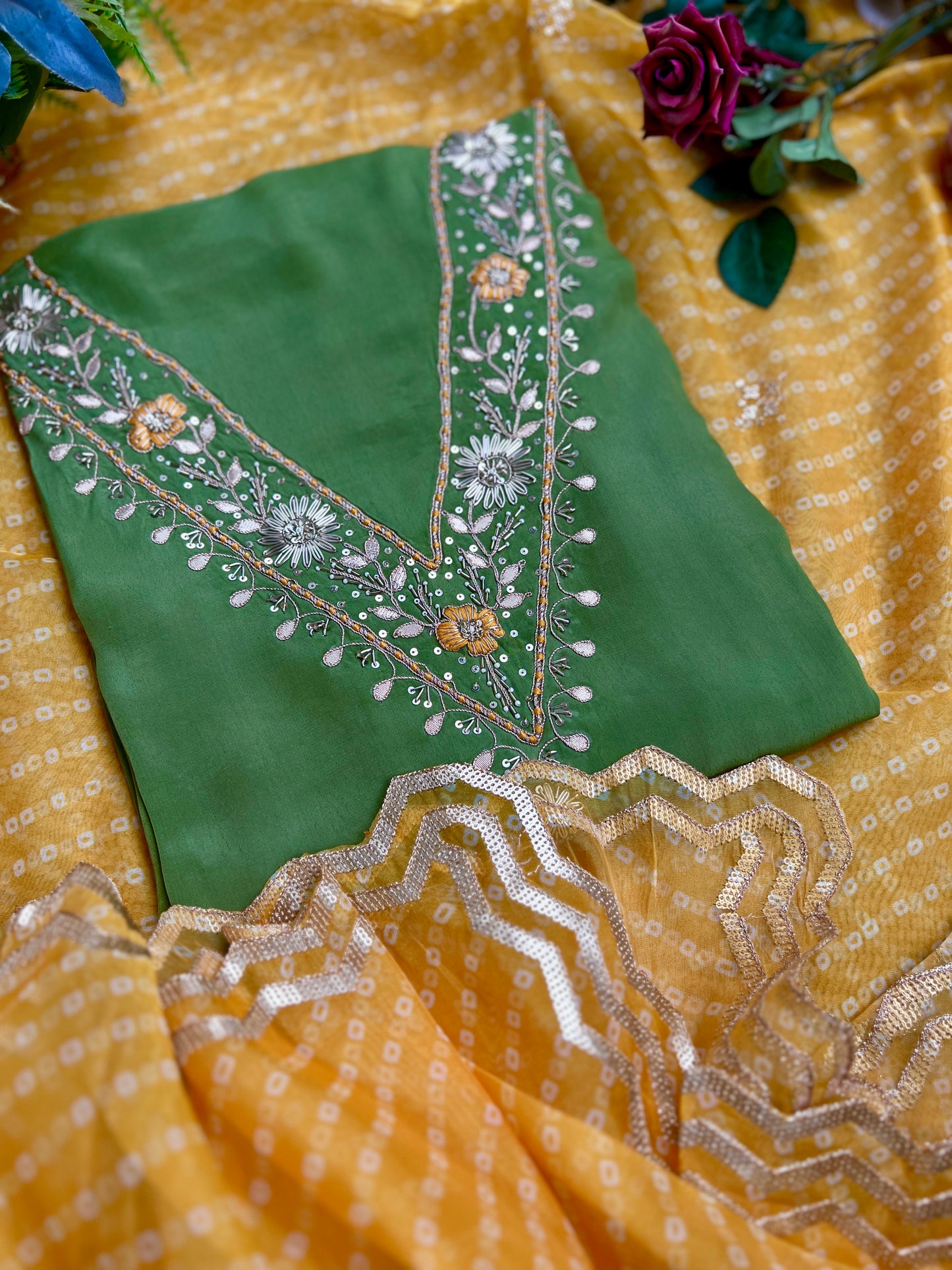 Elegant Russian Crepe V-Neck Suit with Handcrafted Elegance