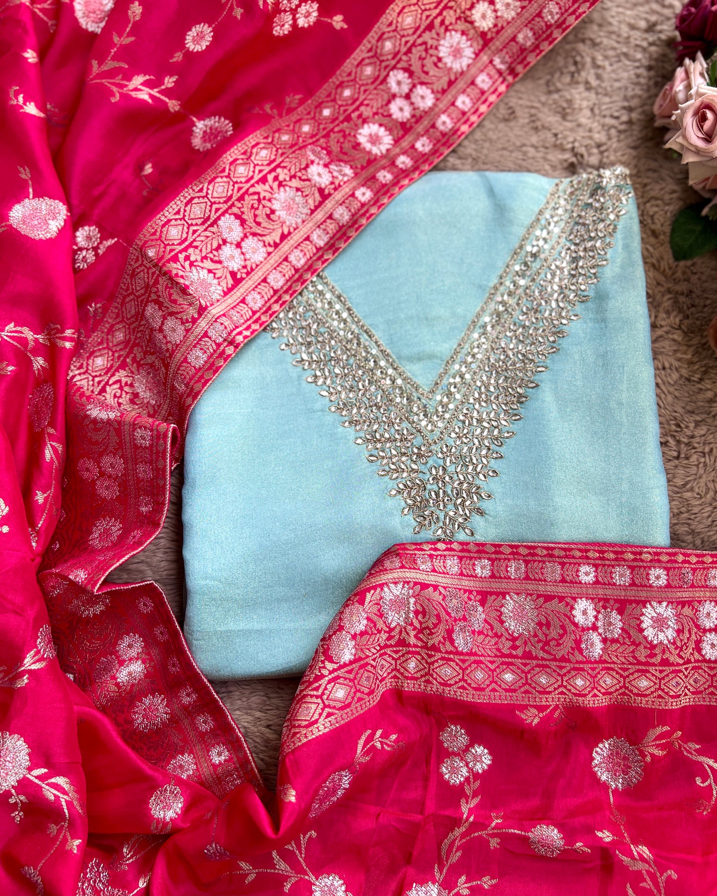 Elegant Shimmer Silk Suit with Dola Banarasi Dupatta ✨