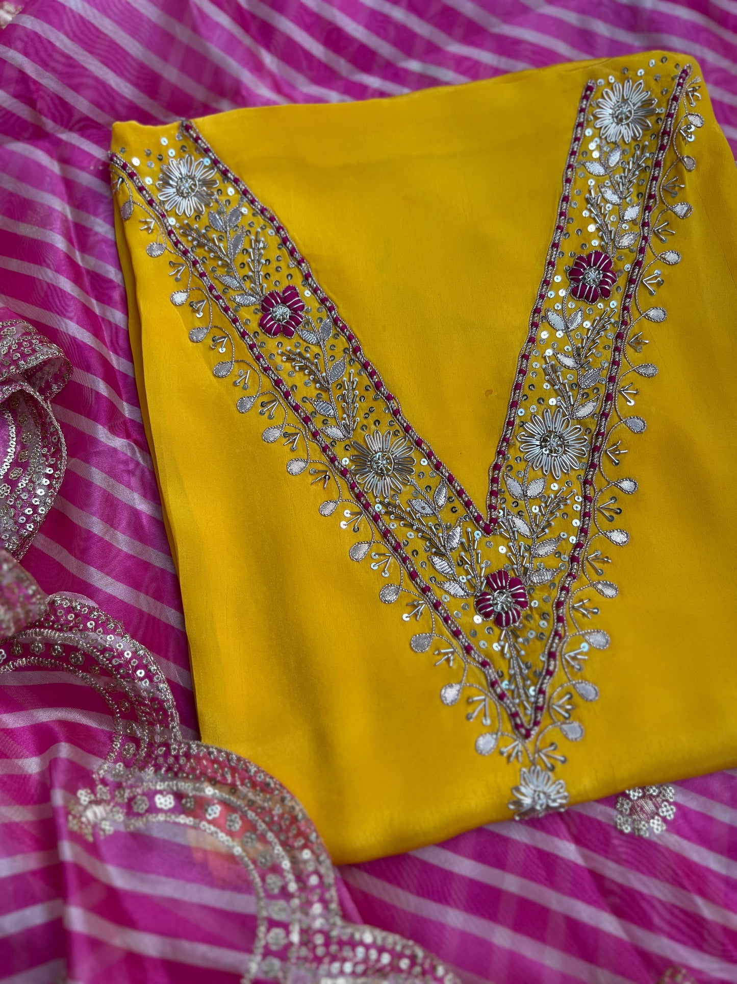 Exquisite V-Neck Butter Crepe Suit with Handcrafted Elegance