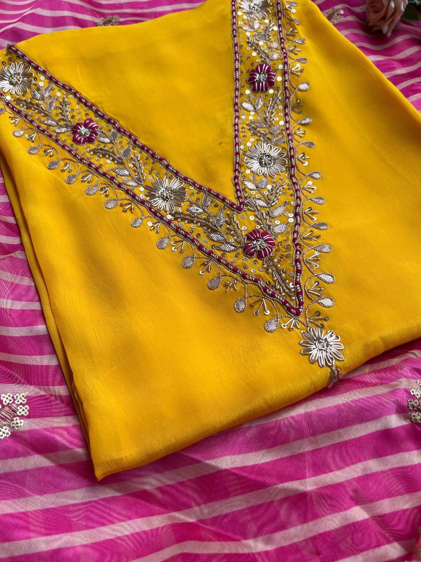 Exquisite V-Neck Butter Crepe Suit with Handcrafted Elegance