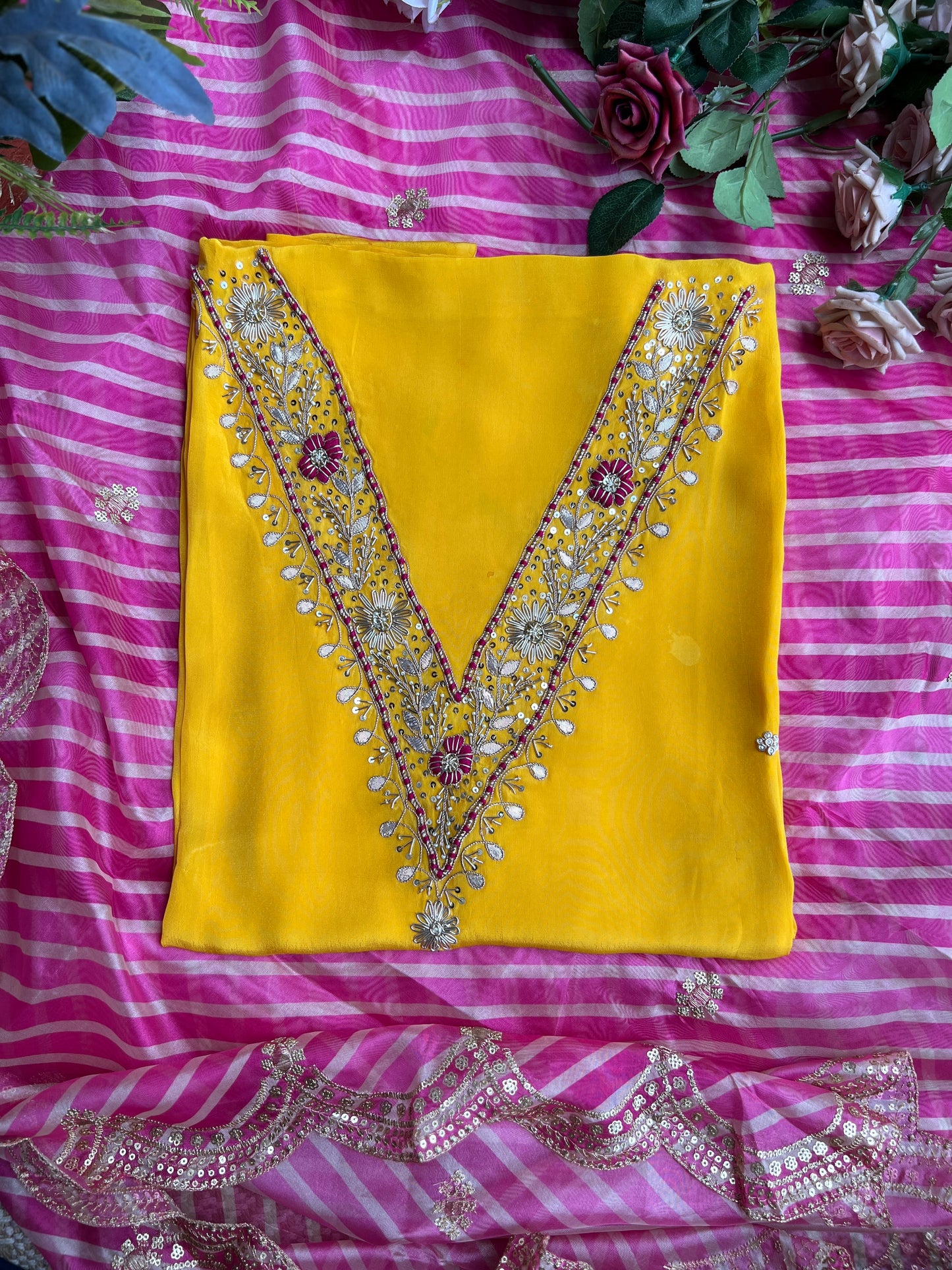 Exquisite V-Neck Butter Crepe Suit with Handcrafted Elegance