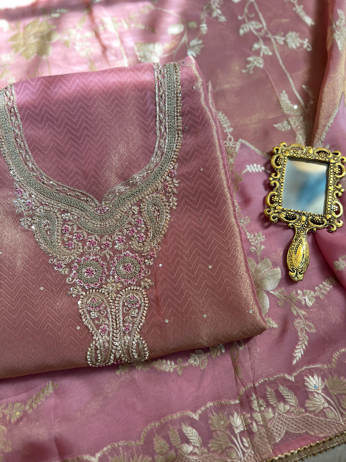Antique Rose Gold Kanjivaram Tissue Unstitched Suit Set