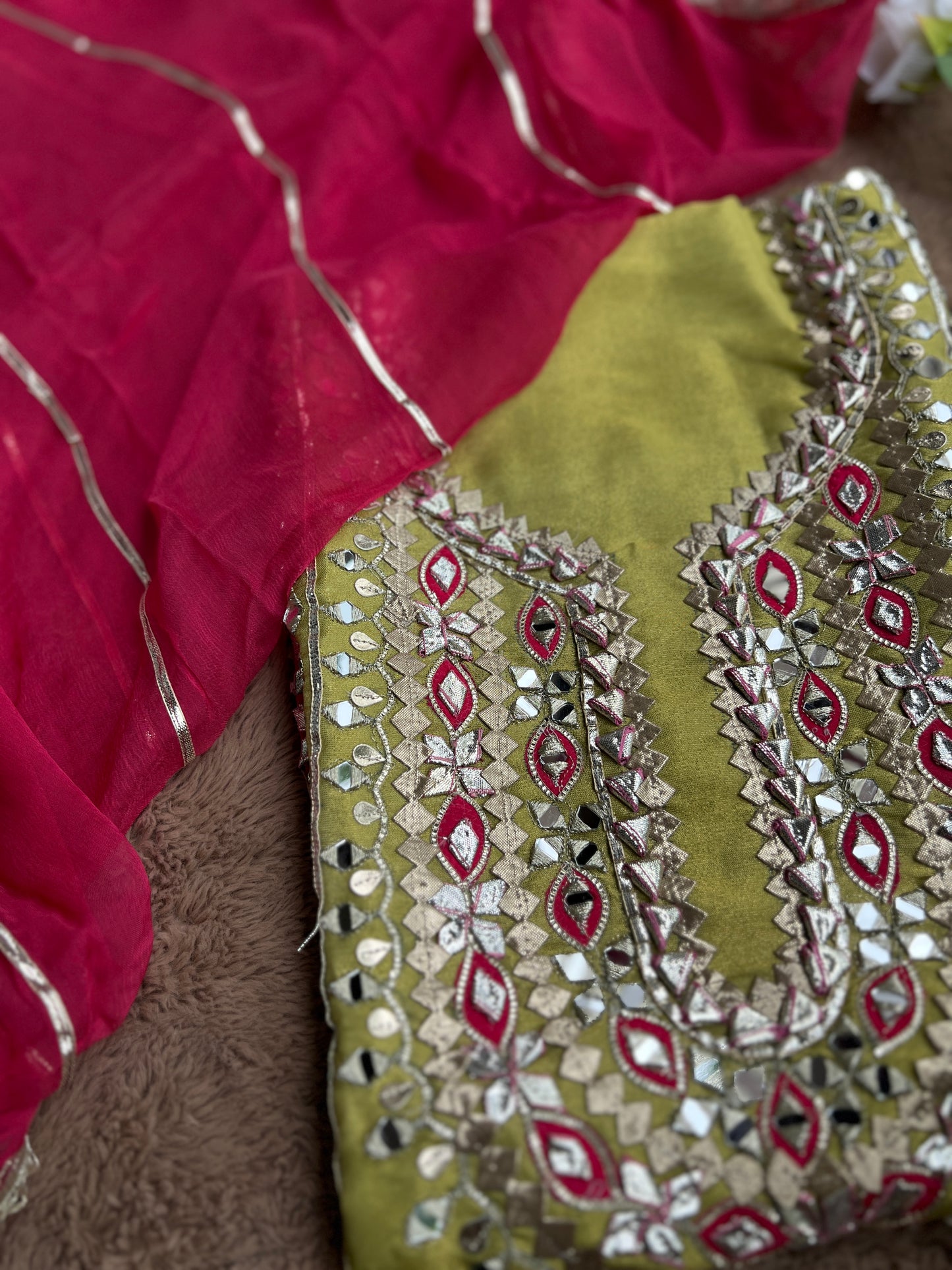 Shimmer Silk Gotapatti Ensemble with Contrast Charm