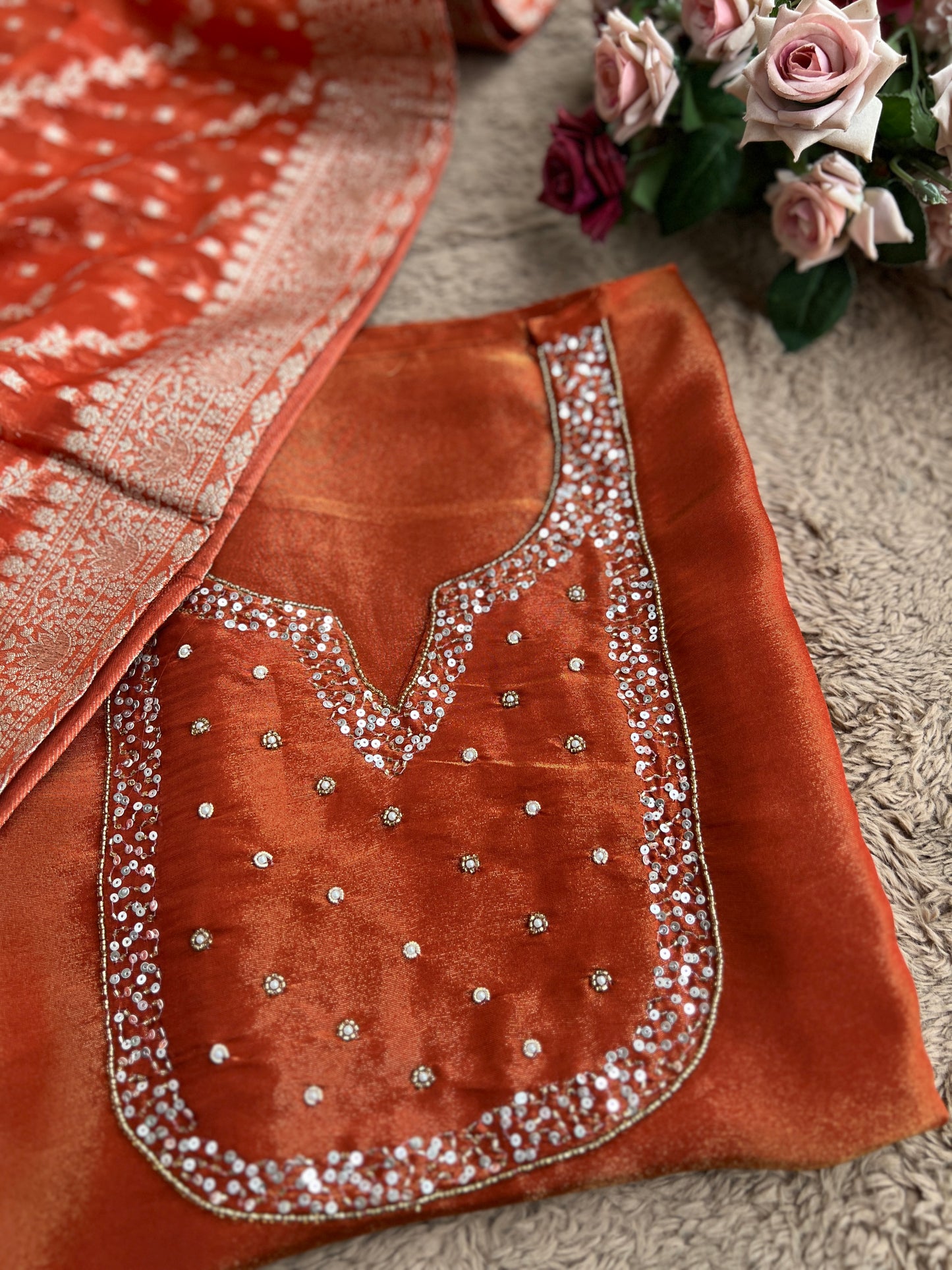 Shimmer Crepe Suit with Handcrafted Neck & Elegant Tissue Dupatta”
