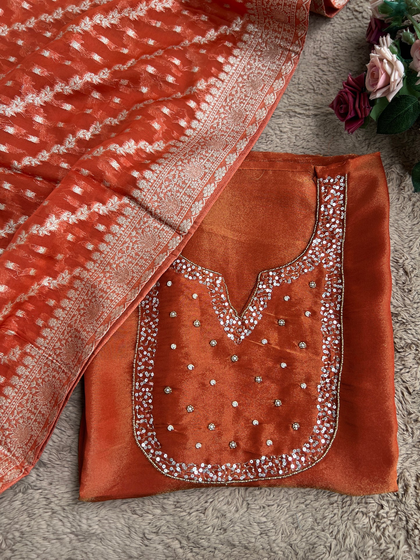 Shimmer Crepe Suit with Handcrafted Neck & Elegant Tissue Dupatta”