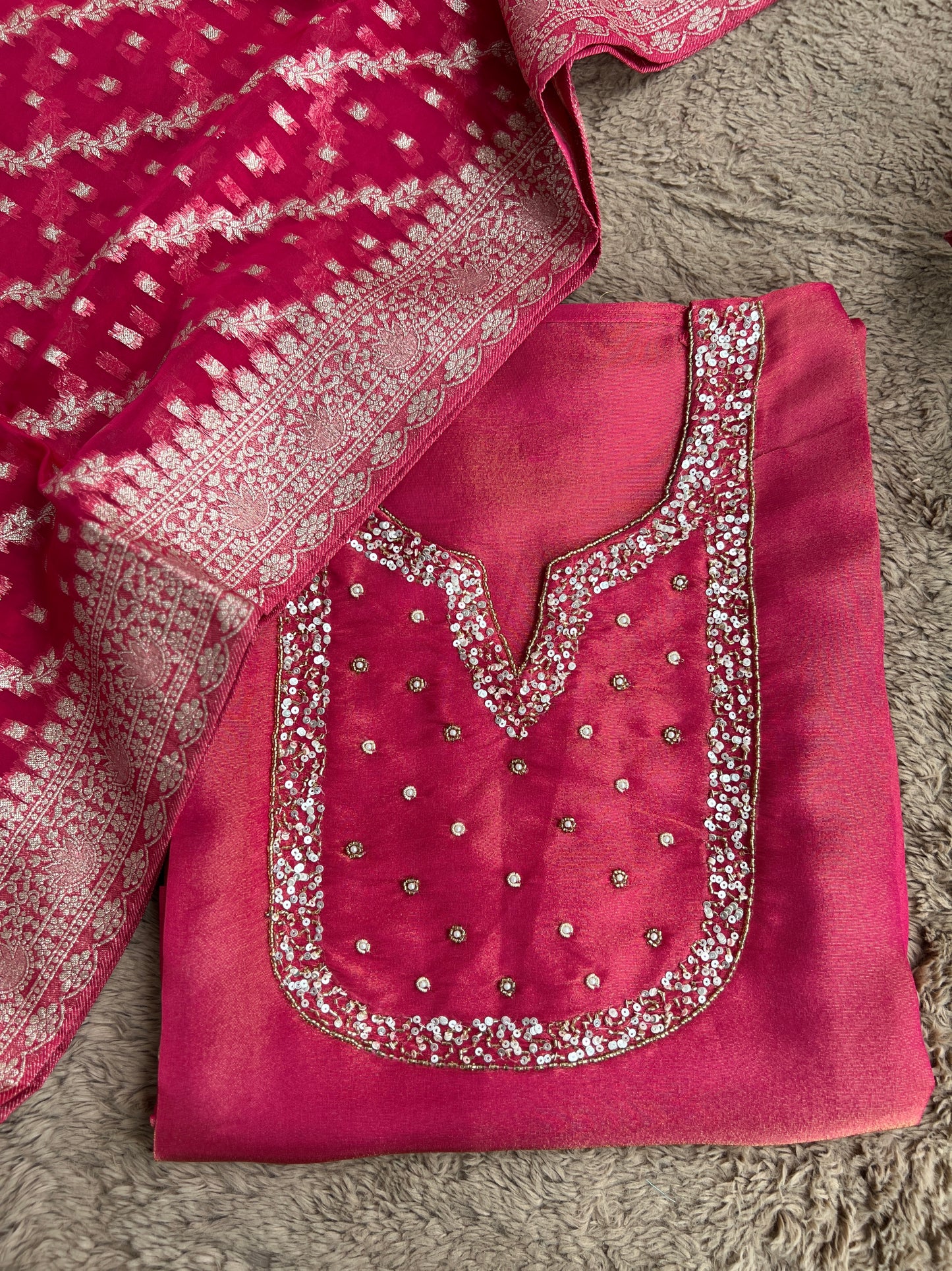 Shimmer Crepe Suit with Handcrafted Neck & Elegant Tissue Dupatta”