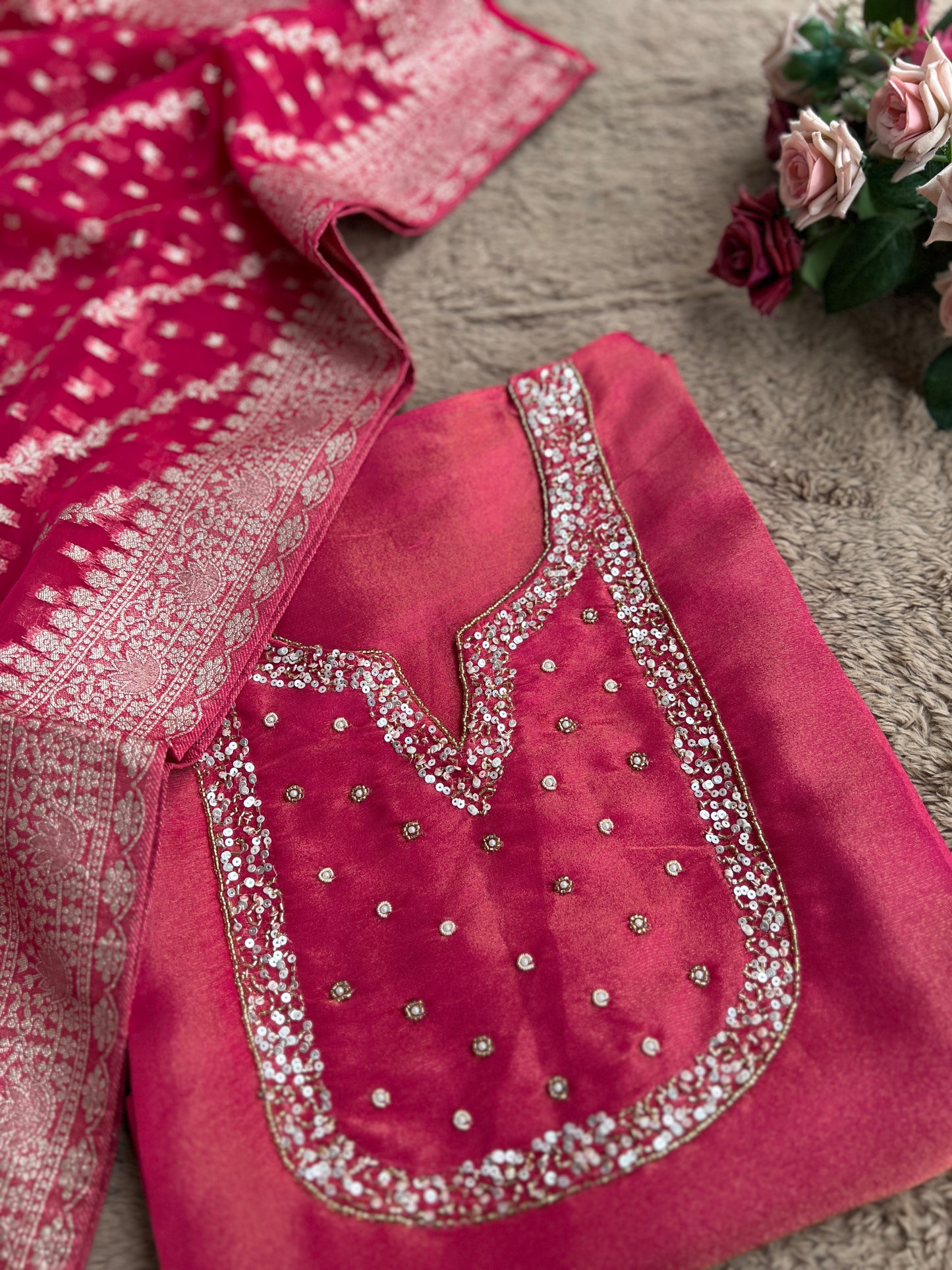 Shimmer Crepe Suit with Handcrafted Neck & Elegant Tissue Dupatta”