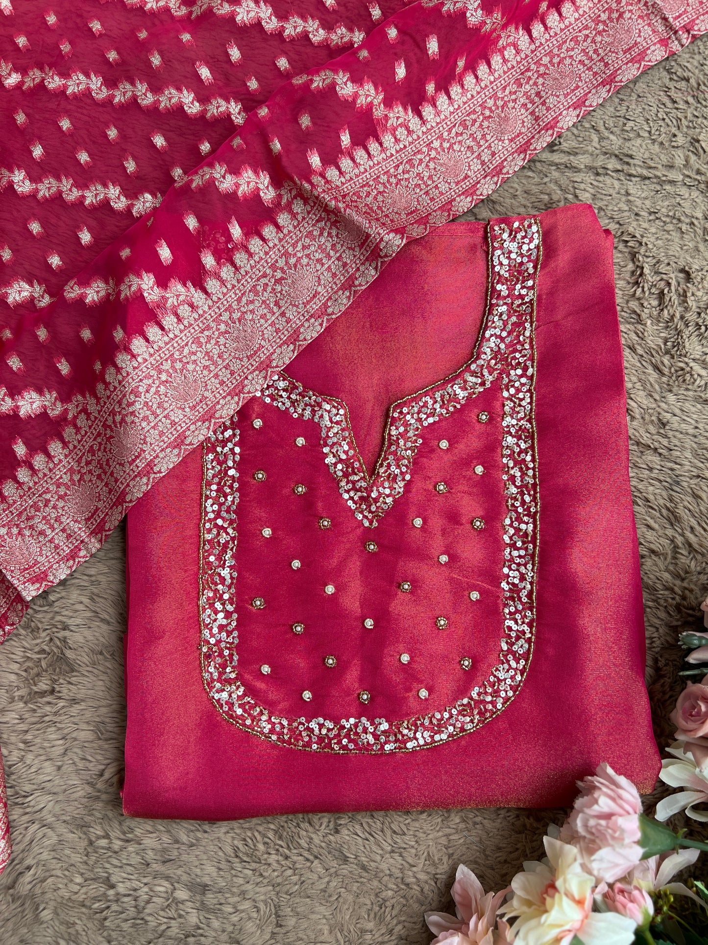 Shimmer Crepe Suit with Handcrafted Neck & Elegant Tissue Dupatta”