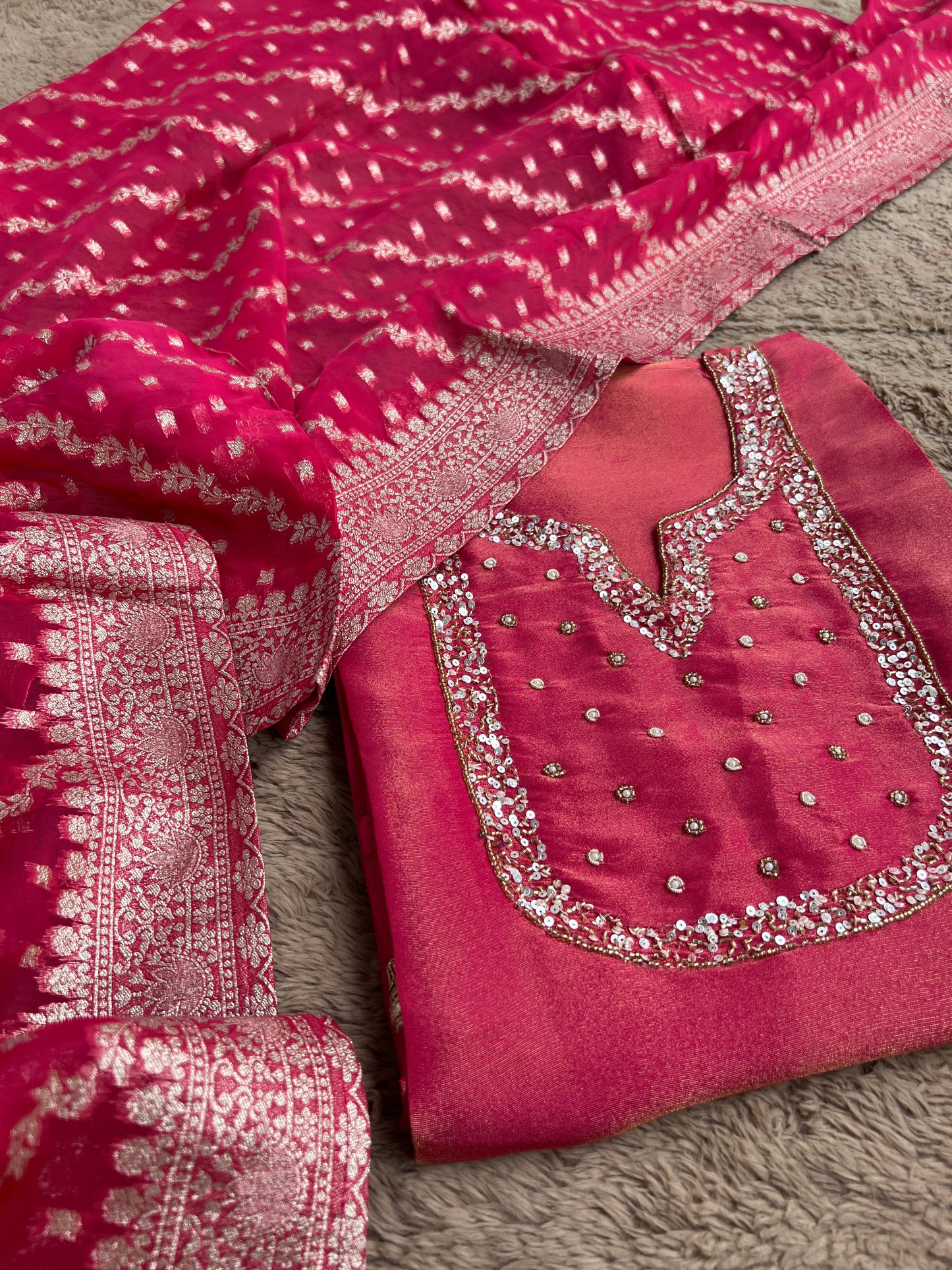 Shimmer Crepe Suit with Handcrafted Neck & Elegant Tissue Dupatta”