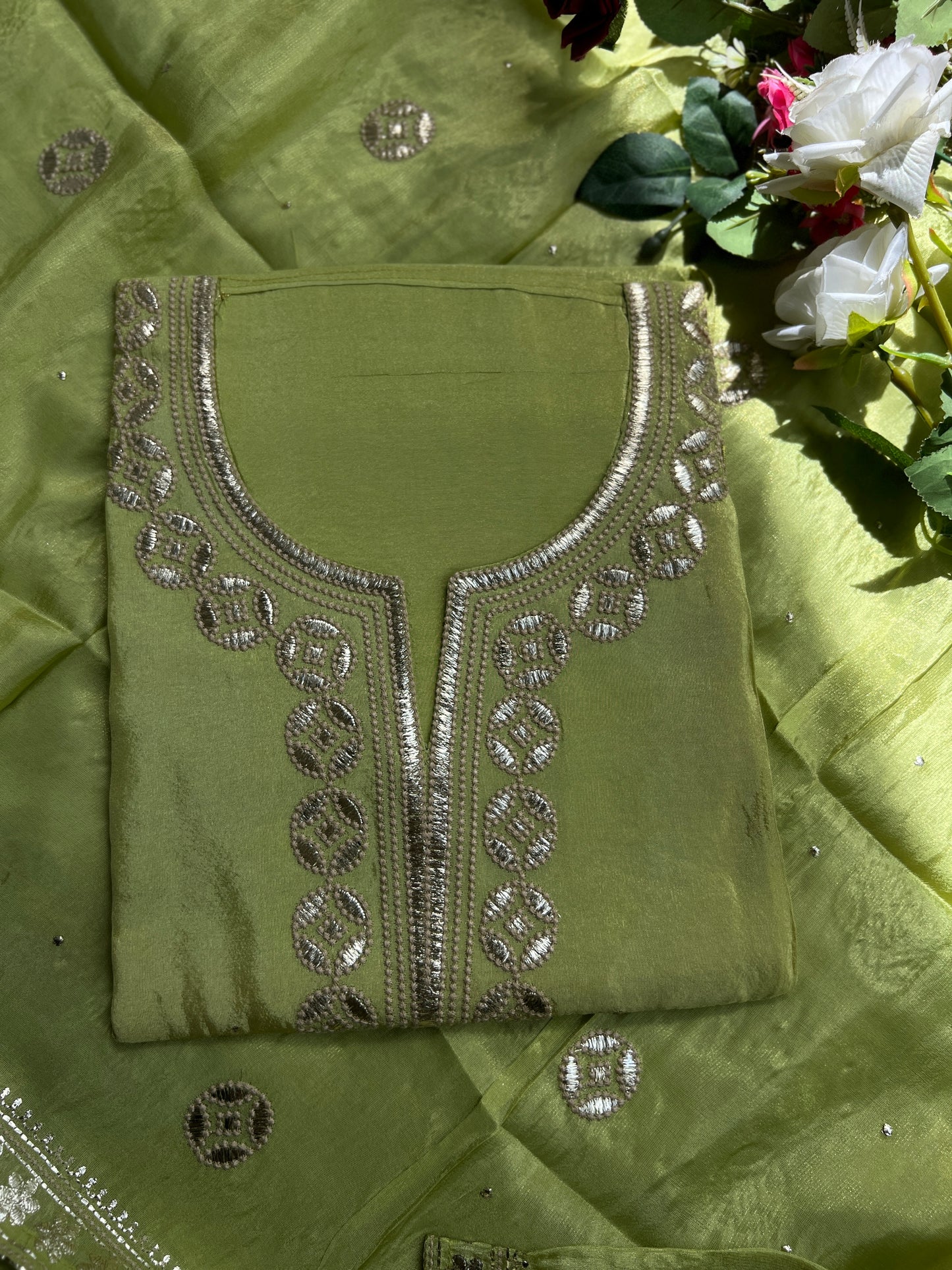 Radiant Pista Green Embroidered Elegance