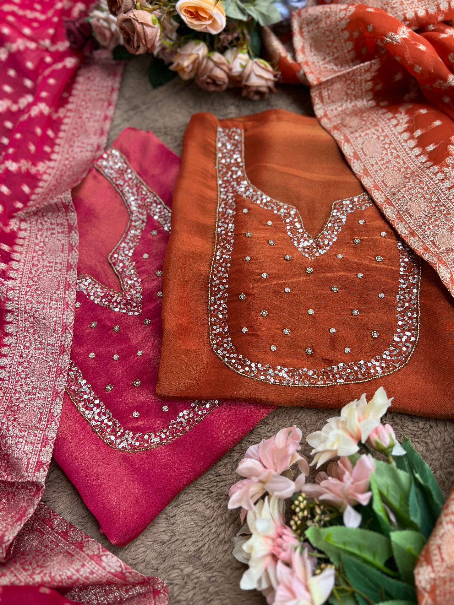 Shimmer Crepe Suit with Handcrafted Neck & Elegant Tissue Dupatta”