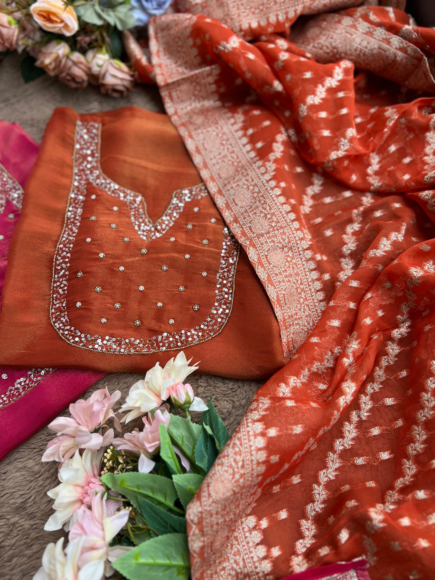 Shimmer Crepe Suit with Handcrafted Neck & Elegant Tissue Dupatta”