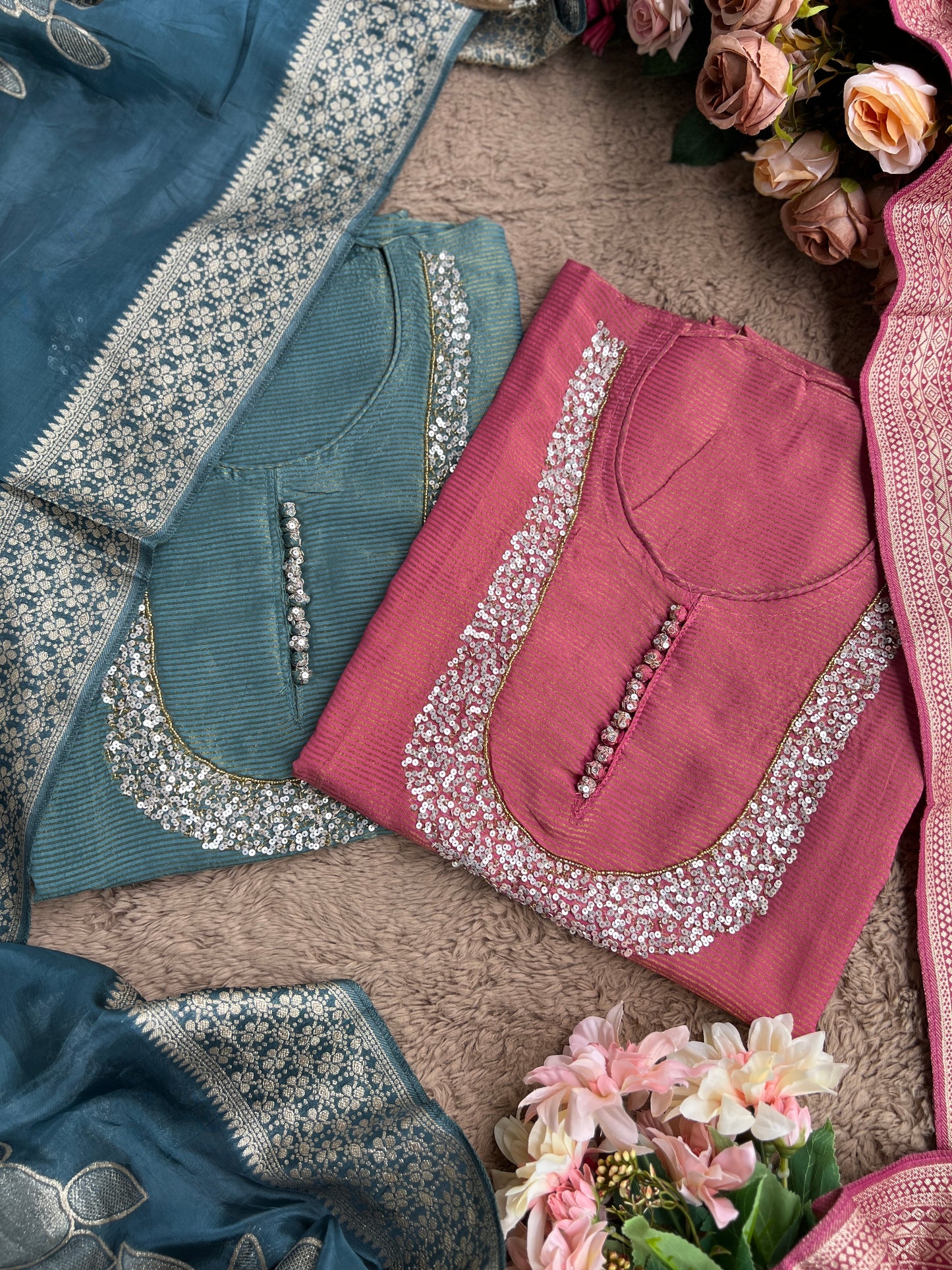 U-Neck Shimmer Silk Suit with Handwork & Floral Dola Silk Dupatta