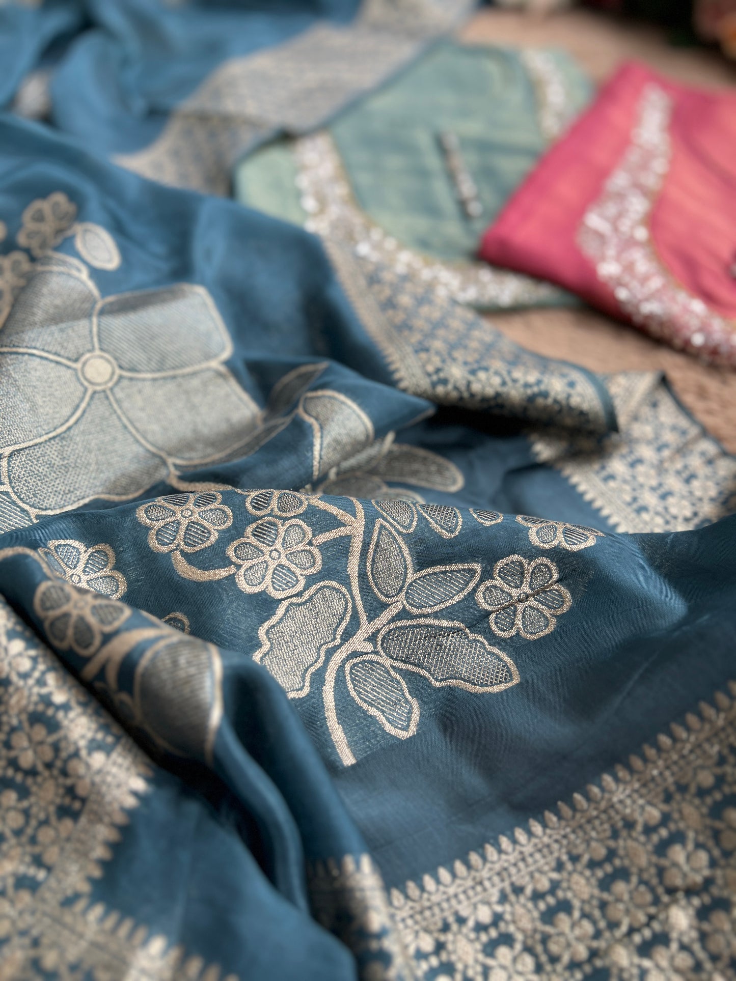 U-Neck Shimmer Silk Suit with Handwork & Floral Dola Silk Dupatta