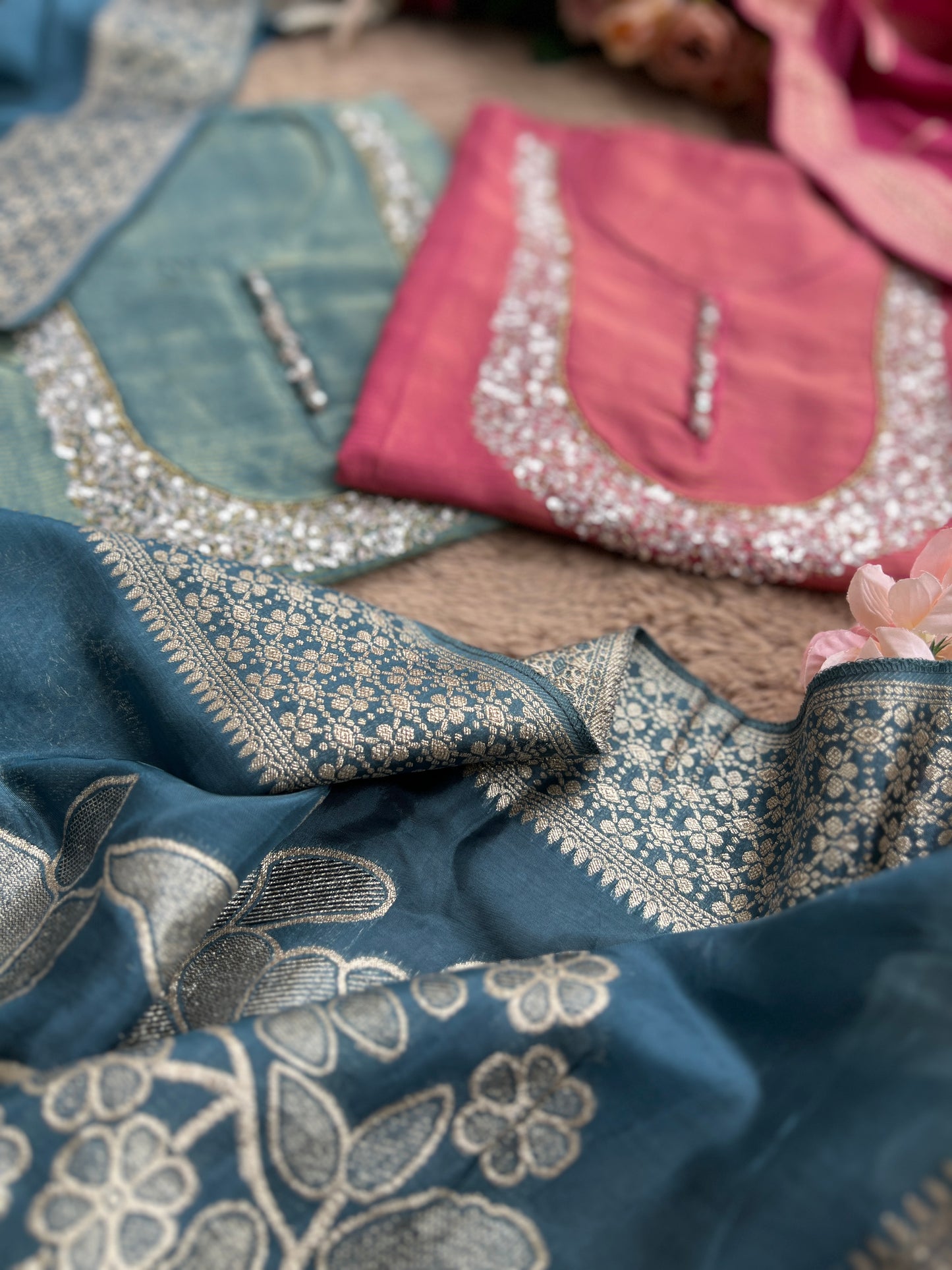 U-Neck Shimmer Silk Suit with Handwork & Floral Dola Silk Dupatta