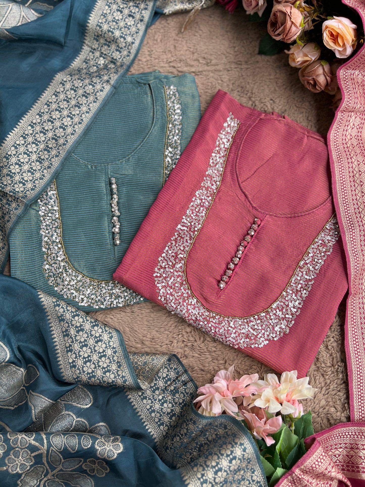 U-Neck Shimmer Silk Suit with Handwork & Floral Dola Silk Dupatta